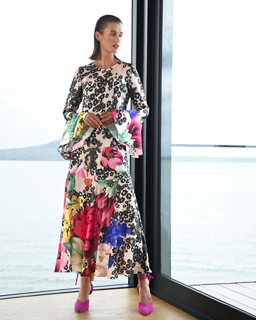 Floral Print Long Sleeve Maxi Dress with Flared Cuffs