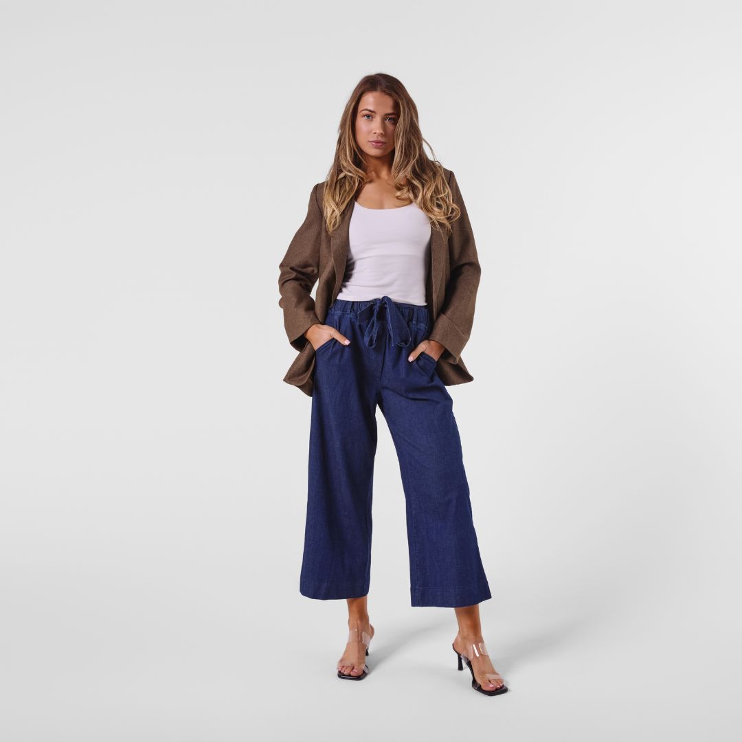 Wide Leg Tie Waist Jeans Indigo | Cropped Drawstring Denim Pants Australia