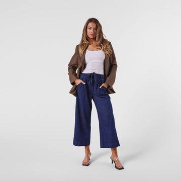 Wide Leg Tie Waist Jeans Indigo | Cropped Drawstring Denim Pants Australia
