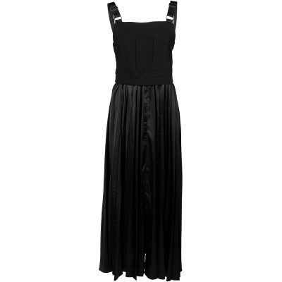 Black pleated midi dress with buckle strap detail