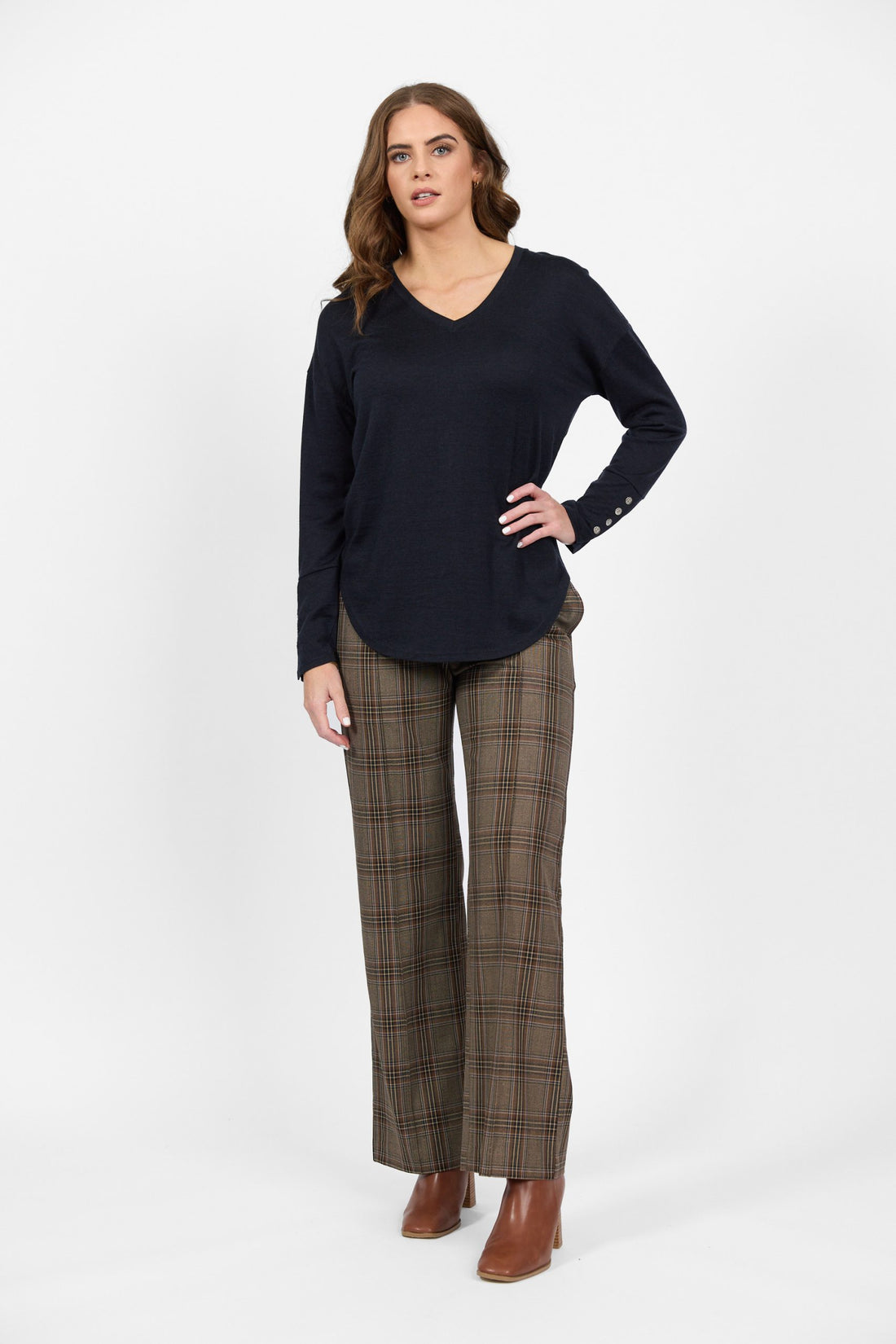 Women’s midnight merino long sleeve top with plaid pants