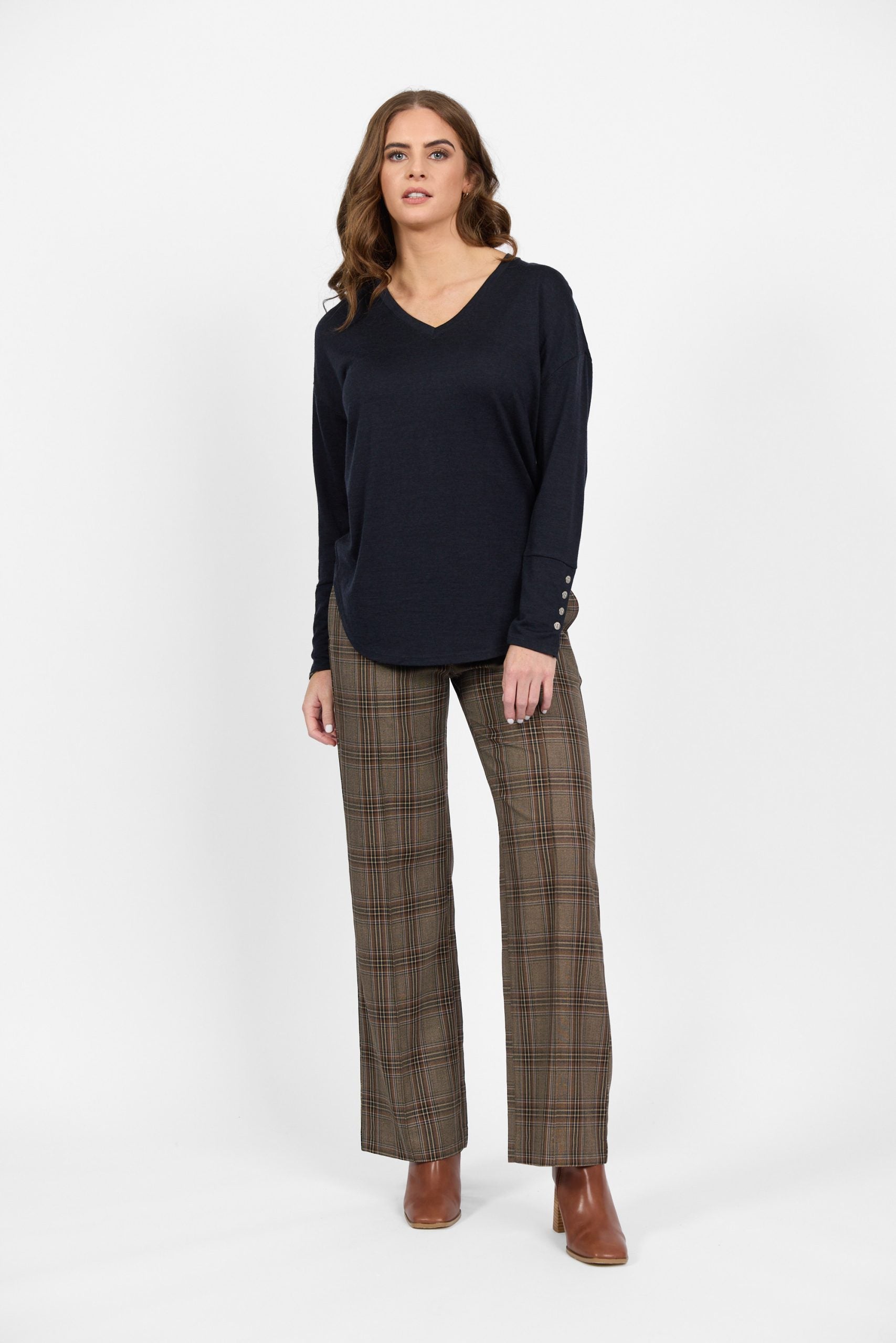 Women’s midnight merino long sleeve top with plaid pants
