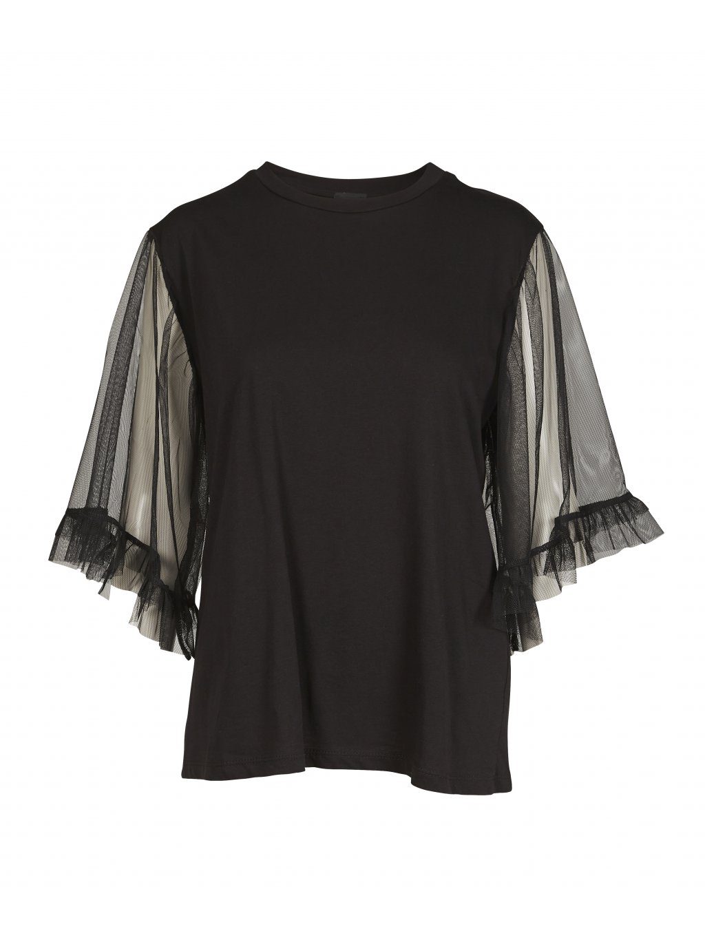 Black sheer sleeve blouse with ruffle detail