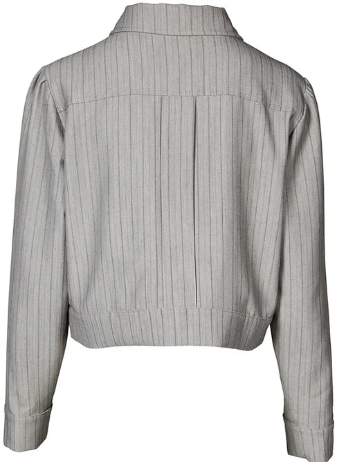 Back view of grey pinstripe cropped jacket