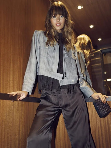 Women’s grey pinstripe cropped jacket outfit