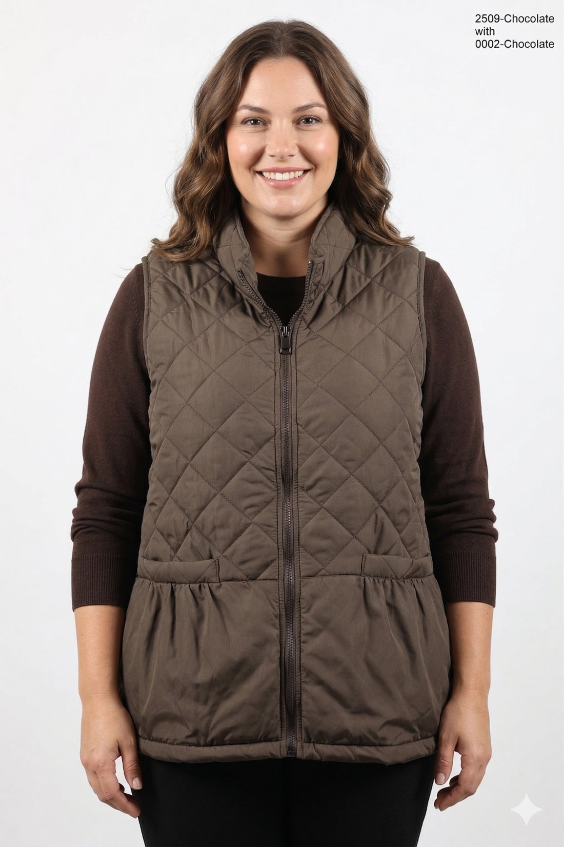 Woman wearing a chocolate brown quilted puffer vest with zip front and pockets on a white background