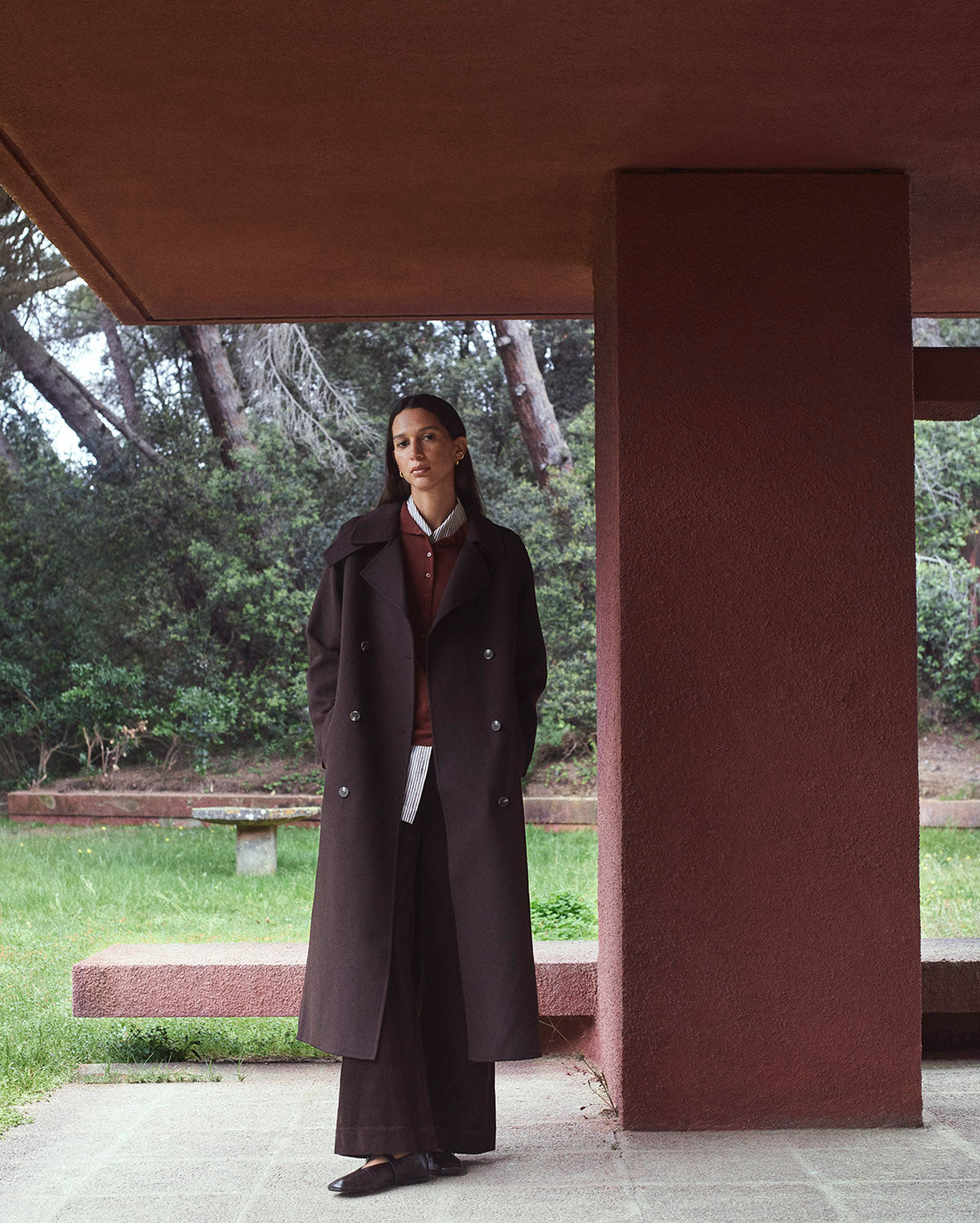 Stylish wool blend long coat funnel neck winter