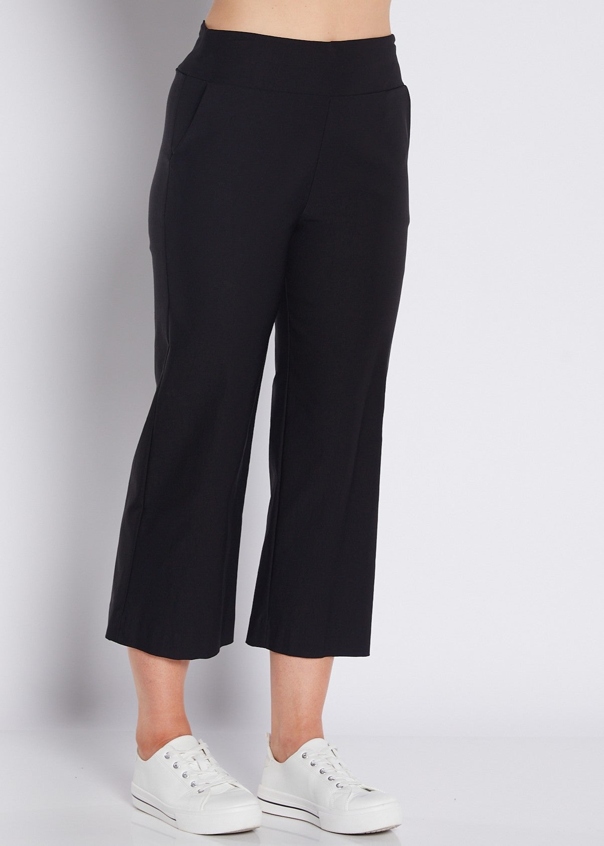 Women’s black stretch culotte pants mid rise casual fit side angle