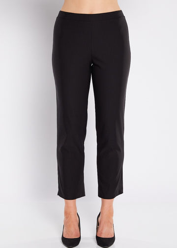 Black ankle length slim fit pants with stretch fabric front view
