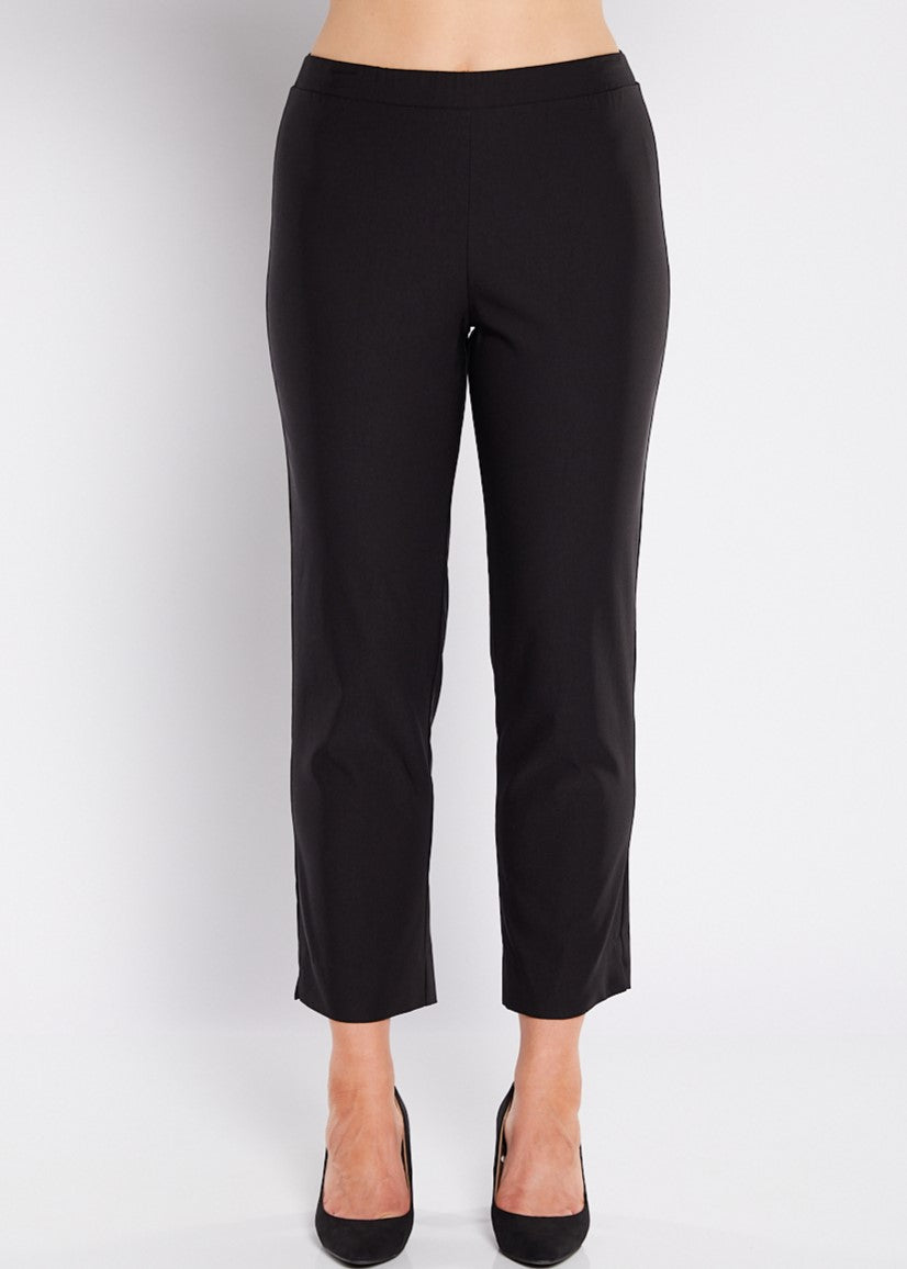Black ankle length slim fit pants with stretch fabric front view