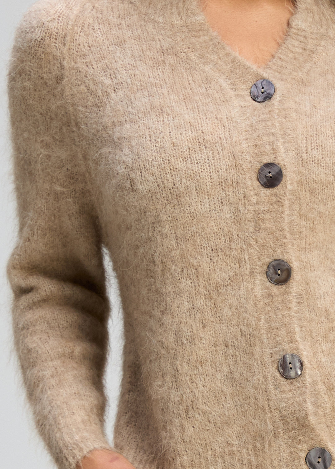 alpaca knit cardigan women beige close up soft fuzzy texture button down detail warm knitwear Australia Showies Boutique