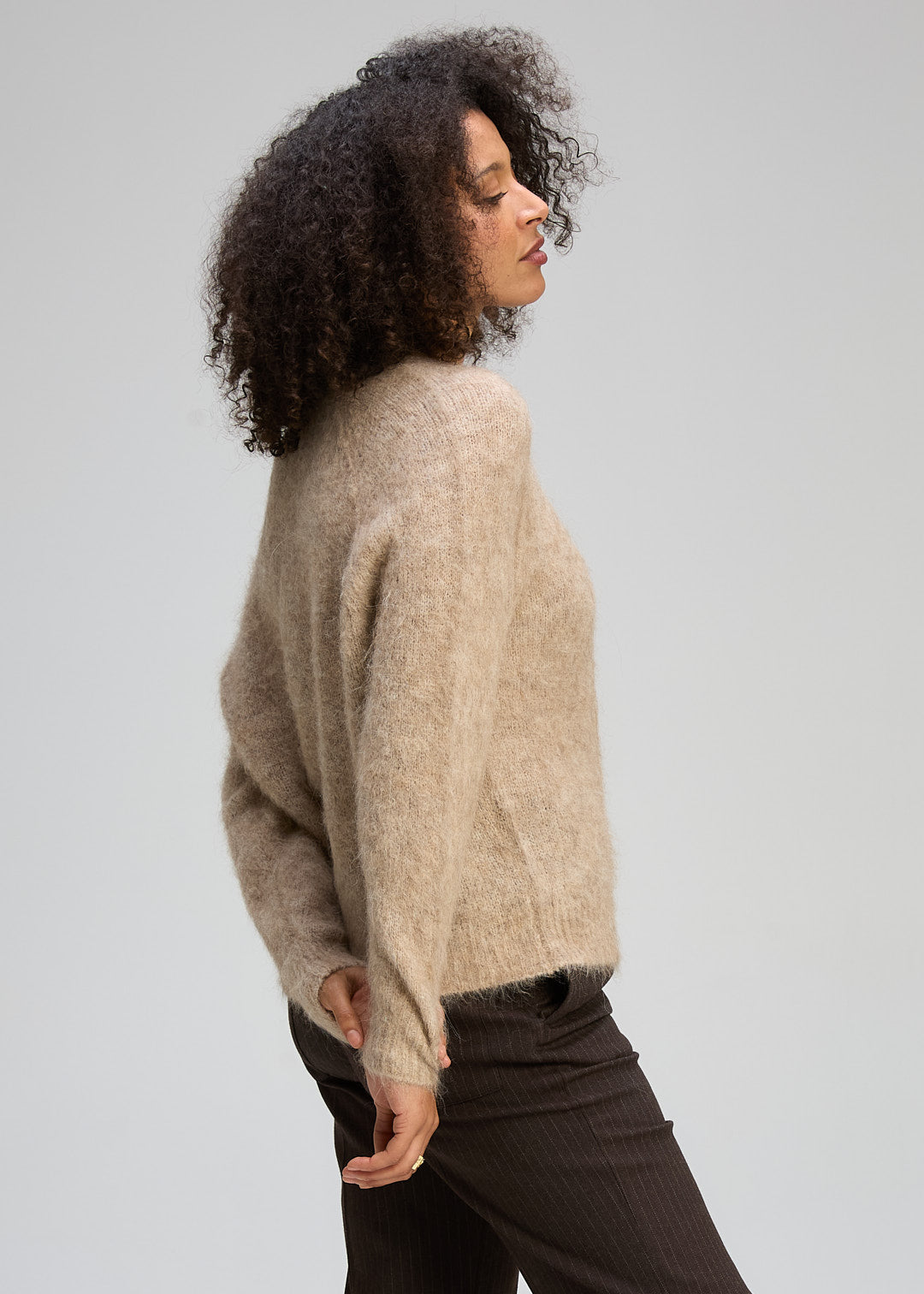 alpaca knit cardigan women beige side view soft fuzzy sweater relaxed fit casual outfit Australia Showies Boutique