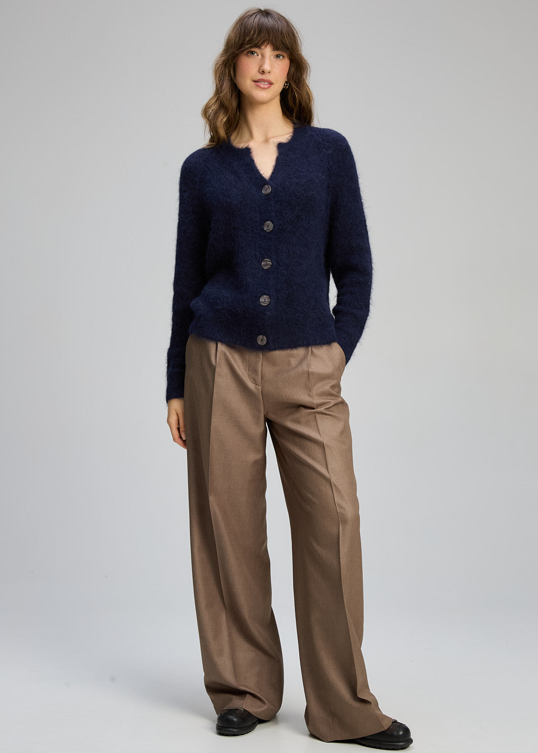 alpaca knit cardigan women navy button down soft fuzzy cardigan with brown wide leg pants casual outfit Australia Showies Boutique