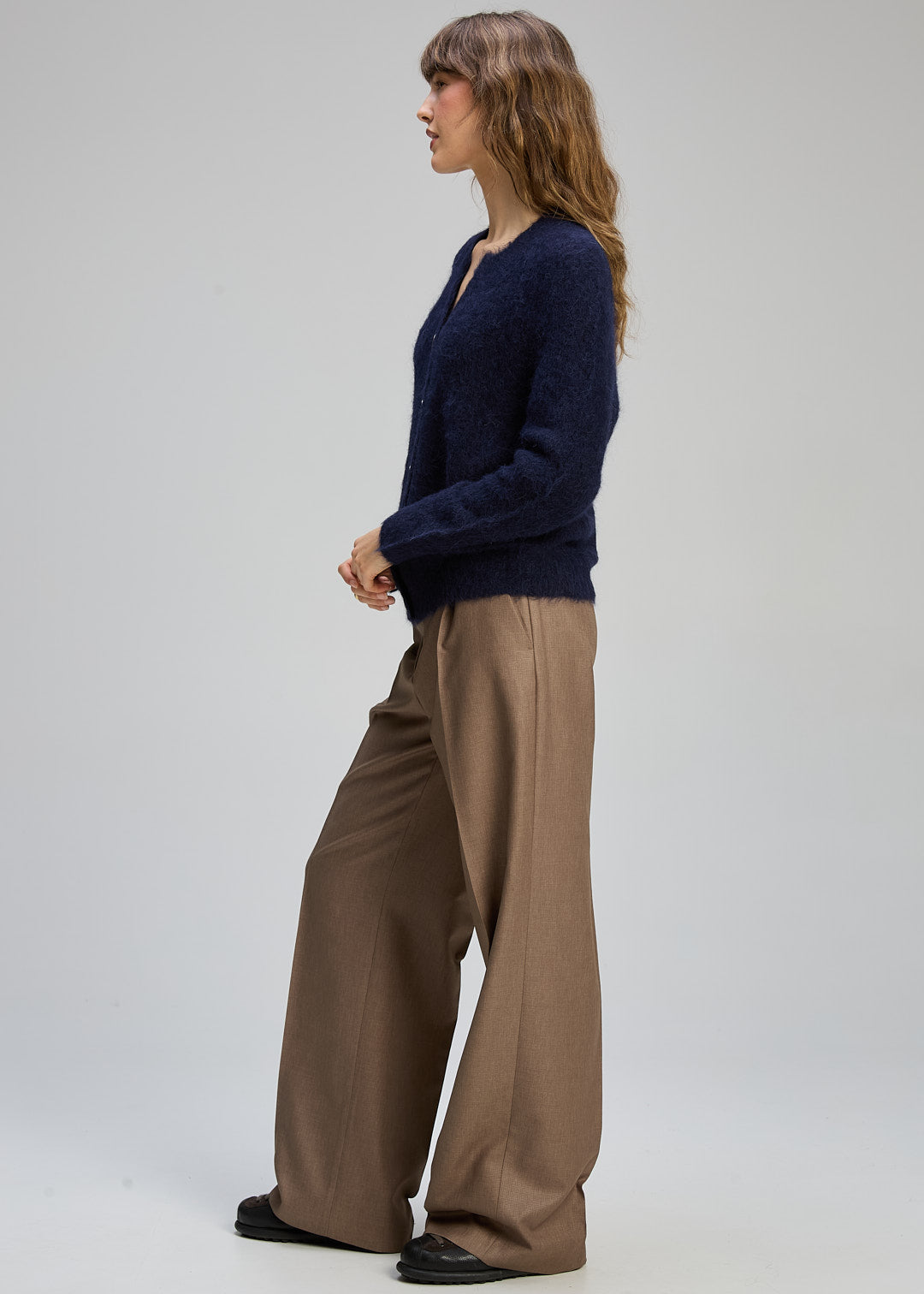 alpaca knit cardigan women navy side view soft fuzzy sweater relaxed fit with brown wide leg pants Australia Showies Boutique