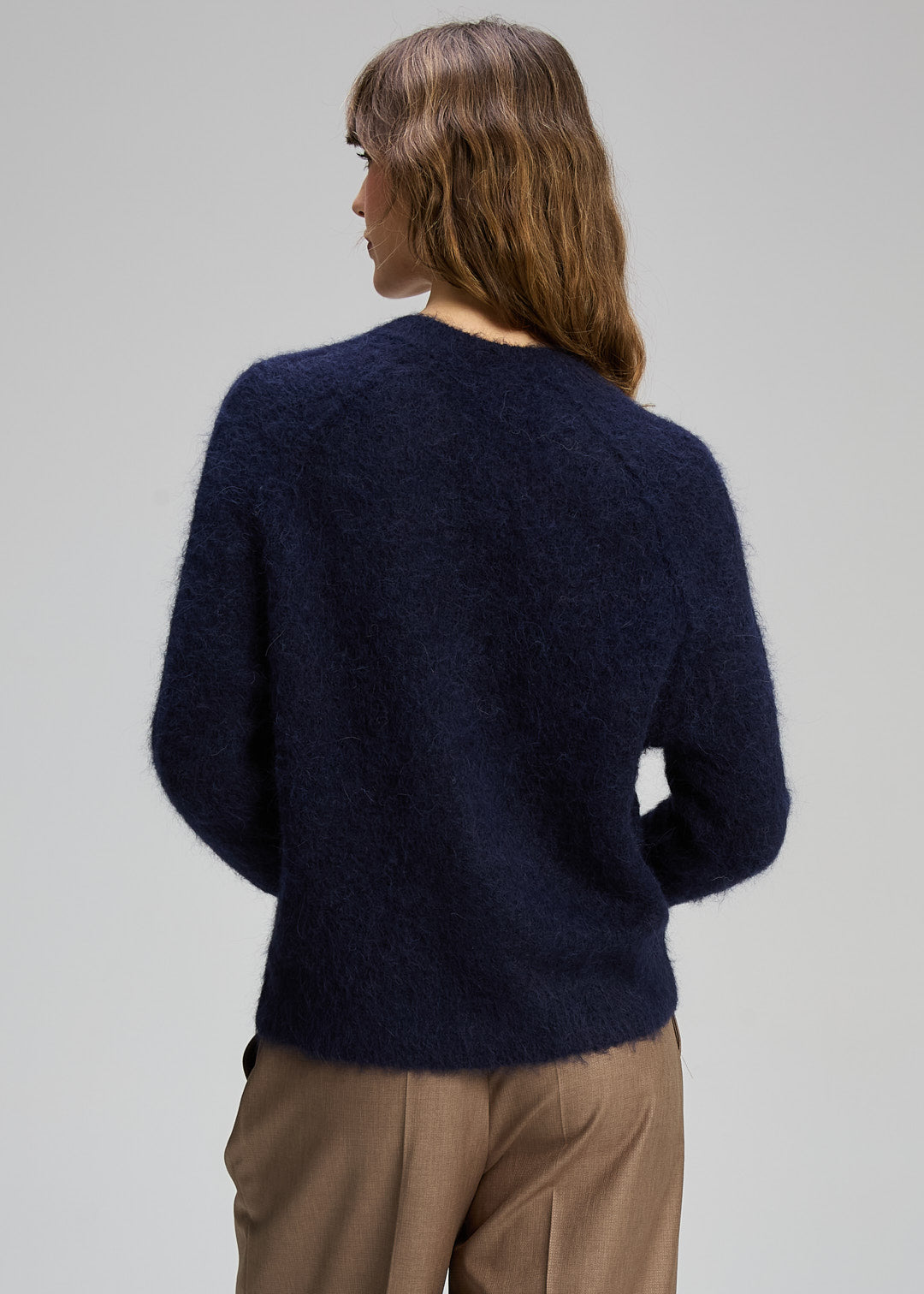 alpaca knit cardigan women navy back view soft fuzzy sweater relaxed fit casual outfit Australia Showies Boutique