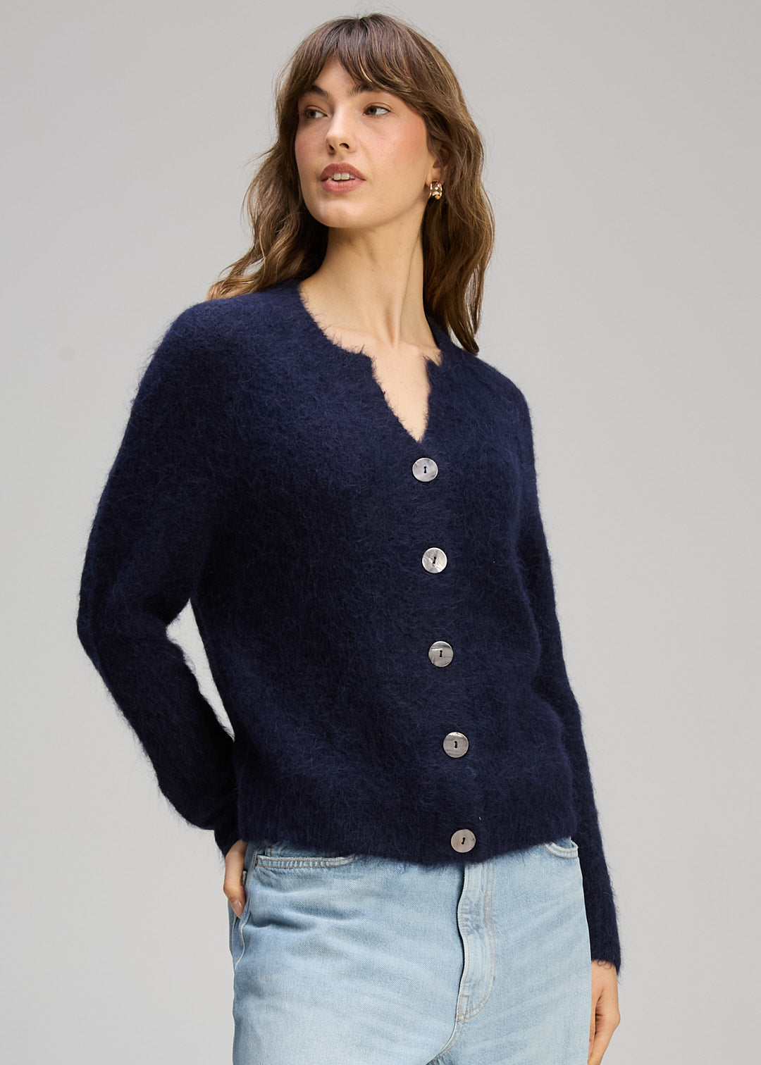 alpaca cardigan women navy button front soft fuzzy knit sweater casual styling Australia Showies Boutique