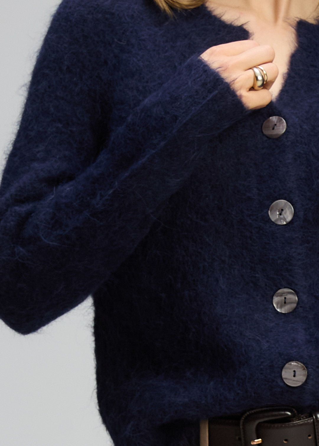 alpaca knit cardigan women navy close up soft fuzzy texture button down detail cozy knitwear Australia Showies Boutique