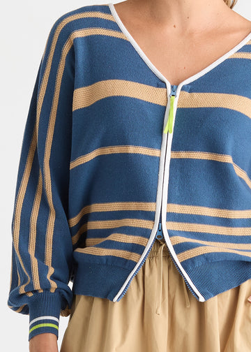 Blue Stripe Zip Front Knit Cardigan