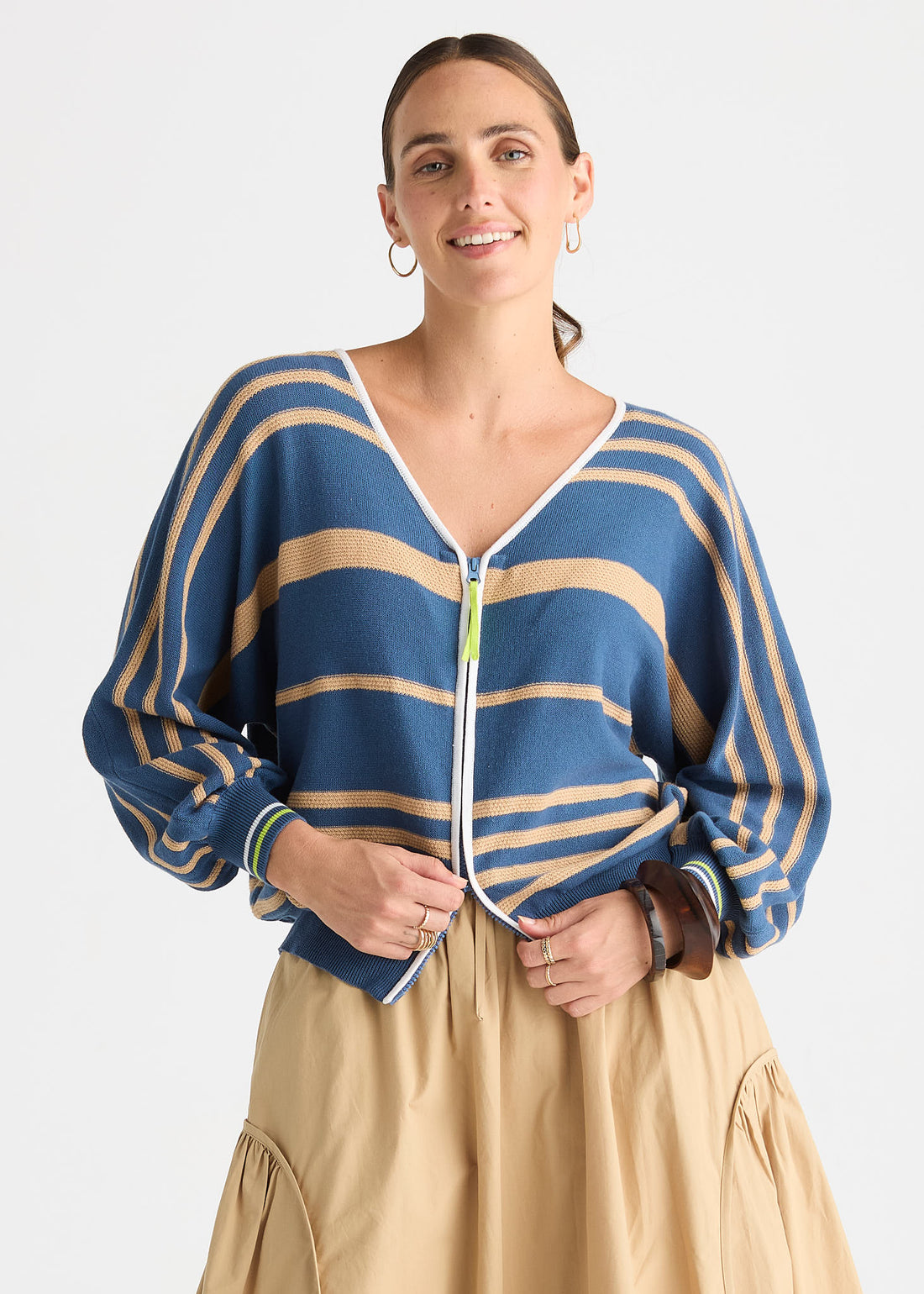 Blue Stripe Zip Front Knit Cardigan