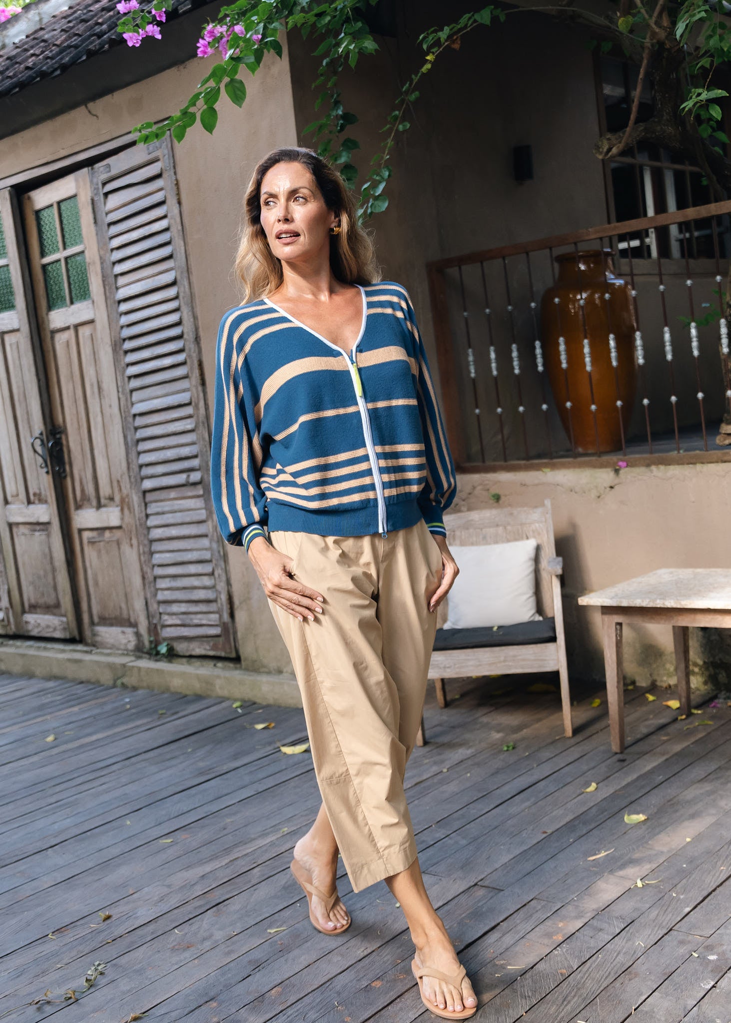 Blue Stripe Zip Front Knit Cardigan
