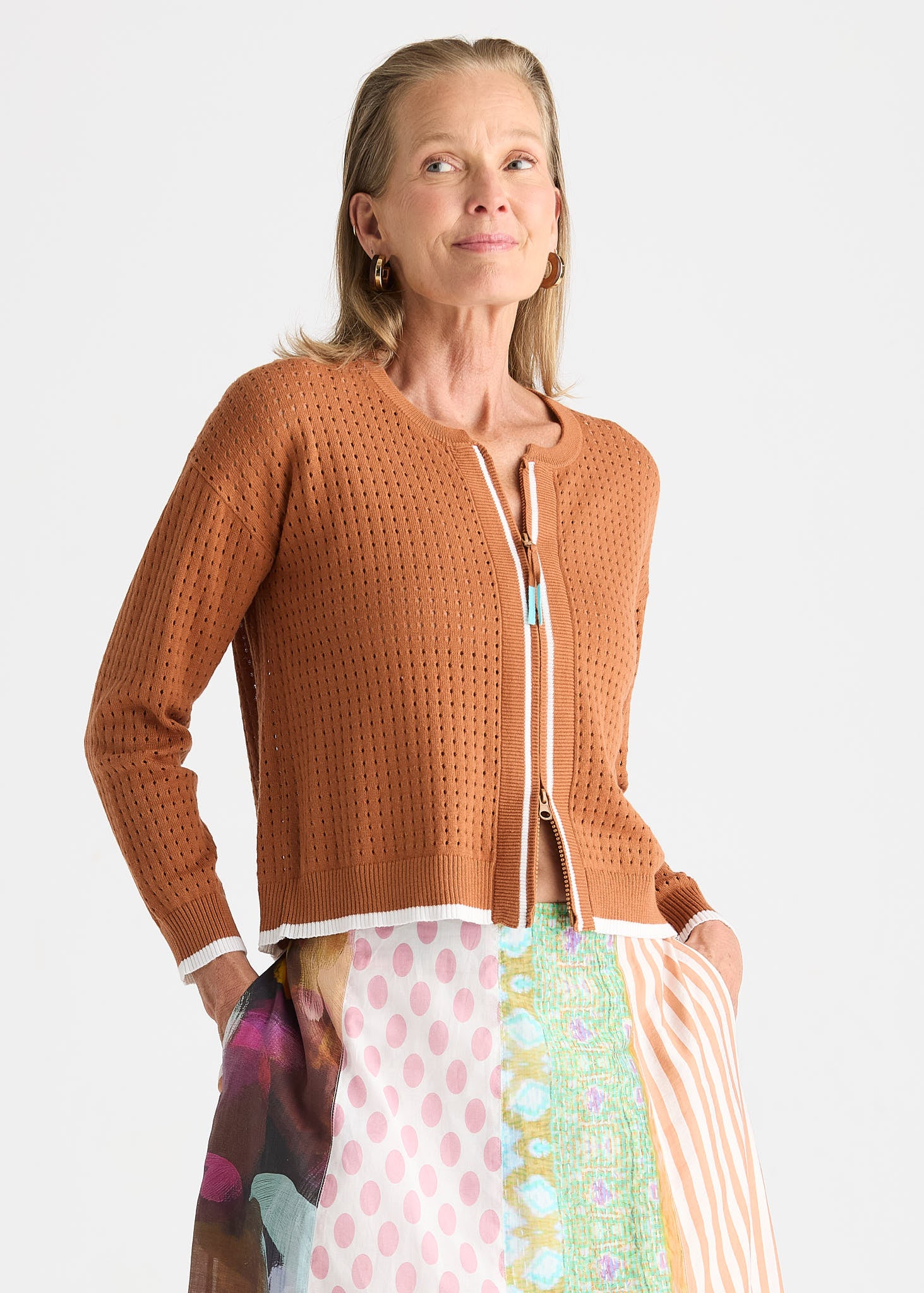 Toffee Knit Zip Cardigan with Contrast Trim