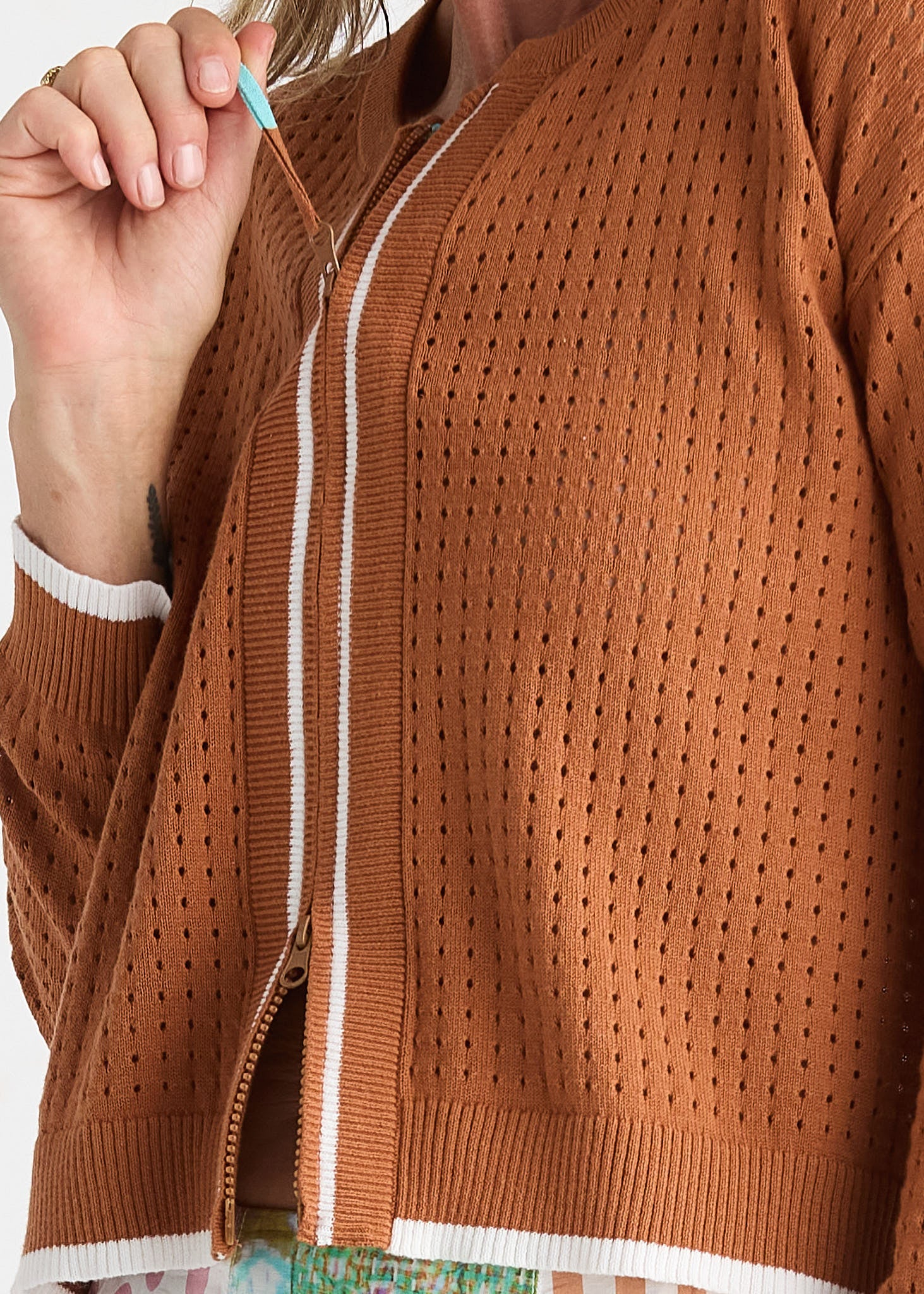 Toffee Knit Zip Cardigan with Contrast Trim