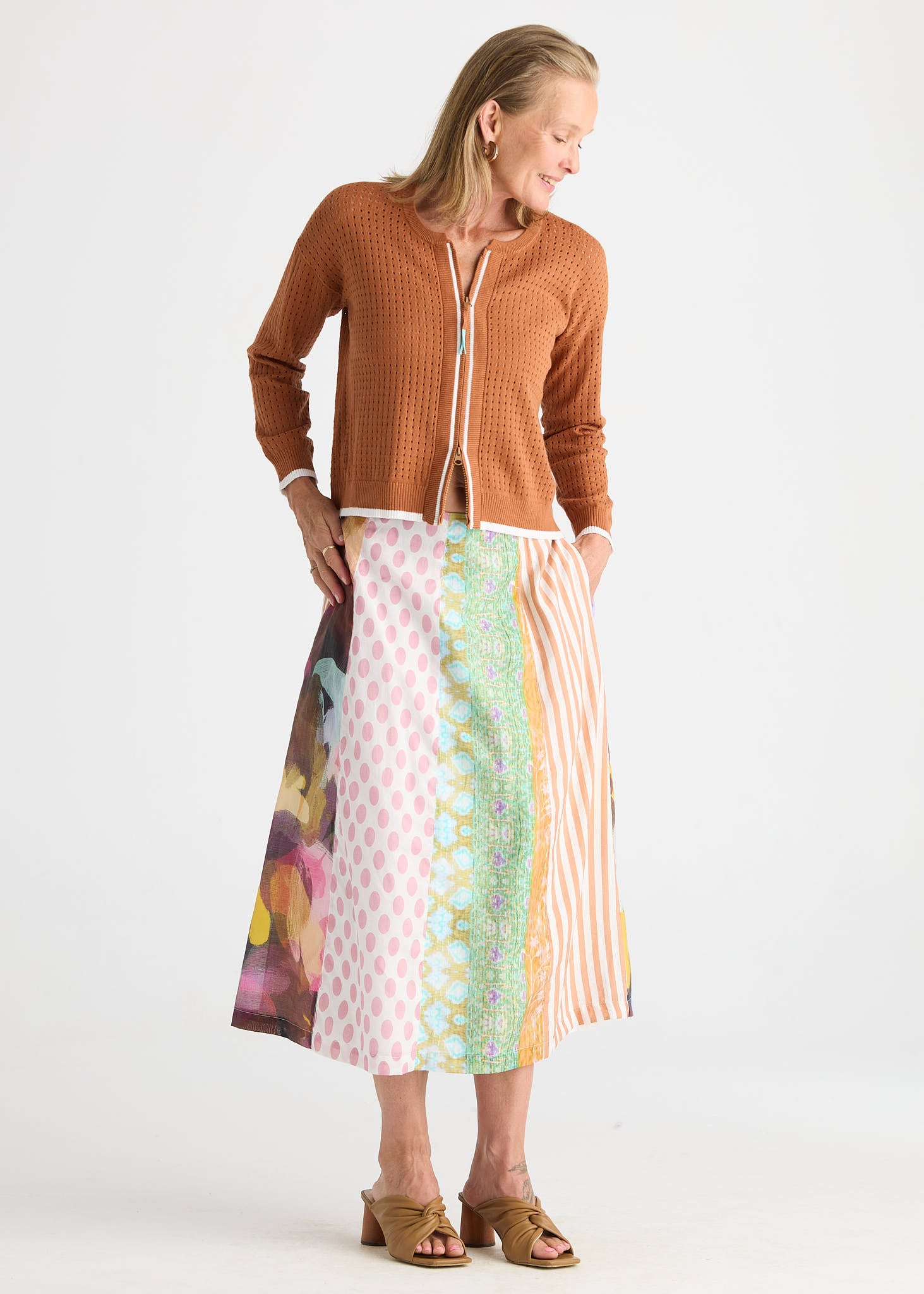 Toffee Knit Zip Cardigan with Contrast Trim