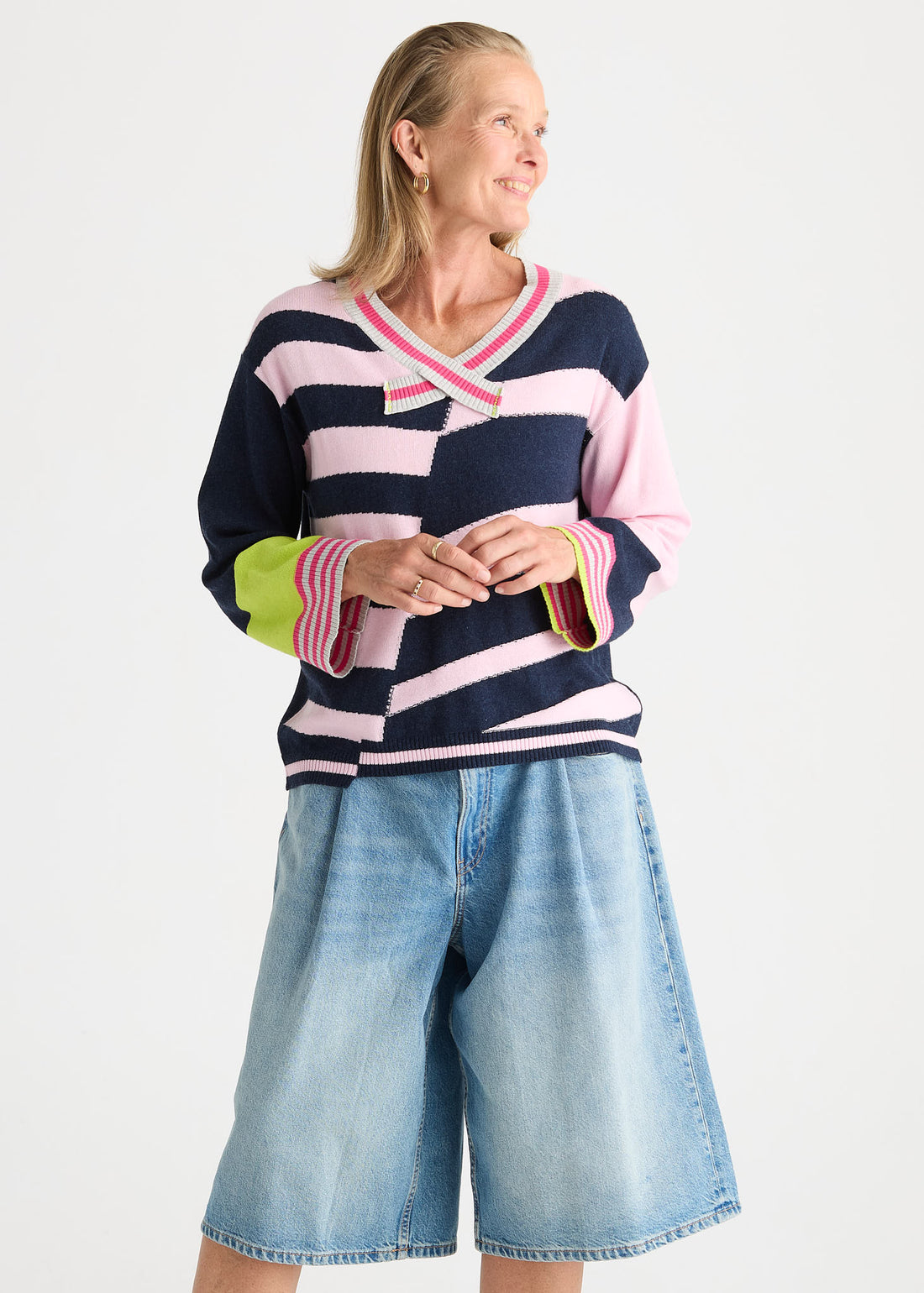 Navy & Blush Striped Knit Jumper with Contrast Cuffs