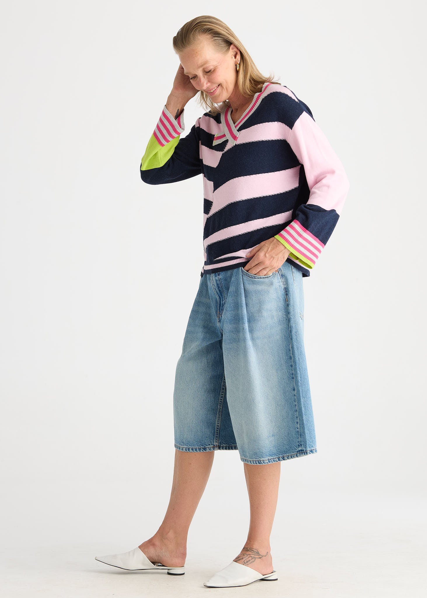 Navy & Blush Striped Knit Jumper with Contrast Cuffs