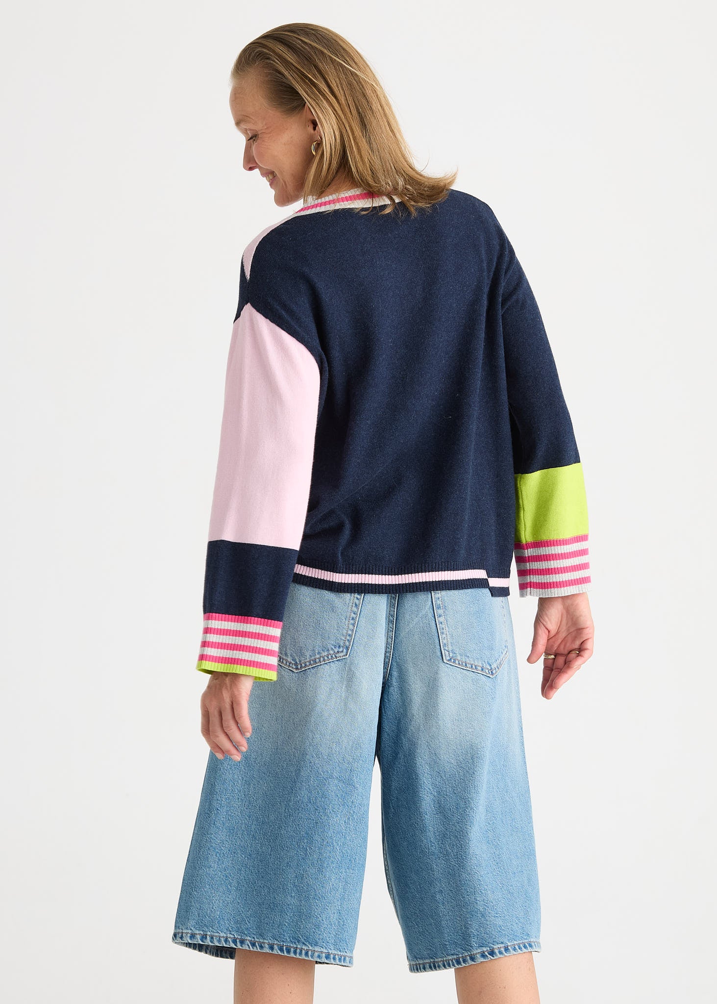 Navy & Blush Striped Knit Jumper with Contrast Cuffs