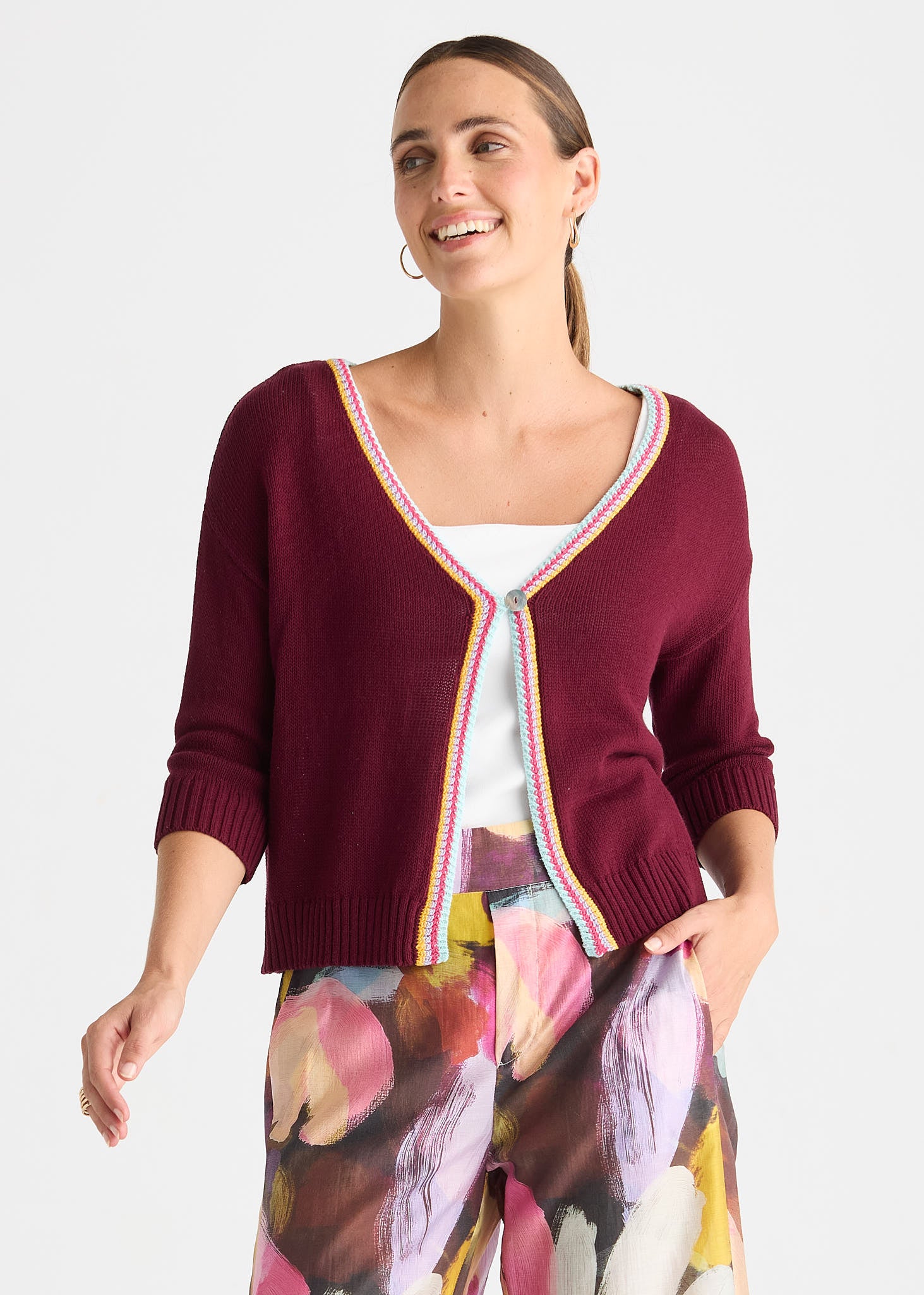 Dark Ruby Knit Cardigan with Contrast Trim