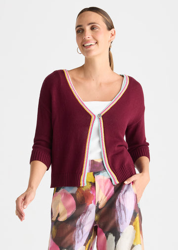 Dark Ruby Knit Cardigan with Contrast Trim