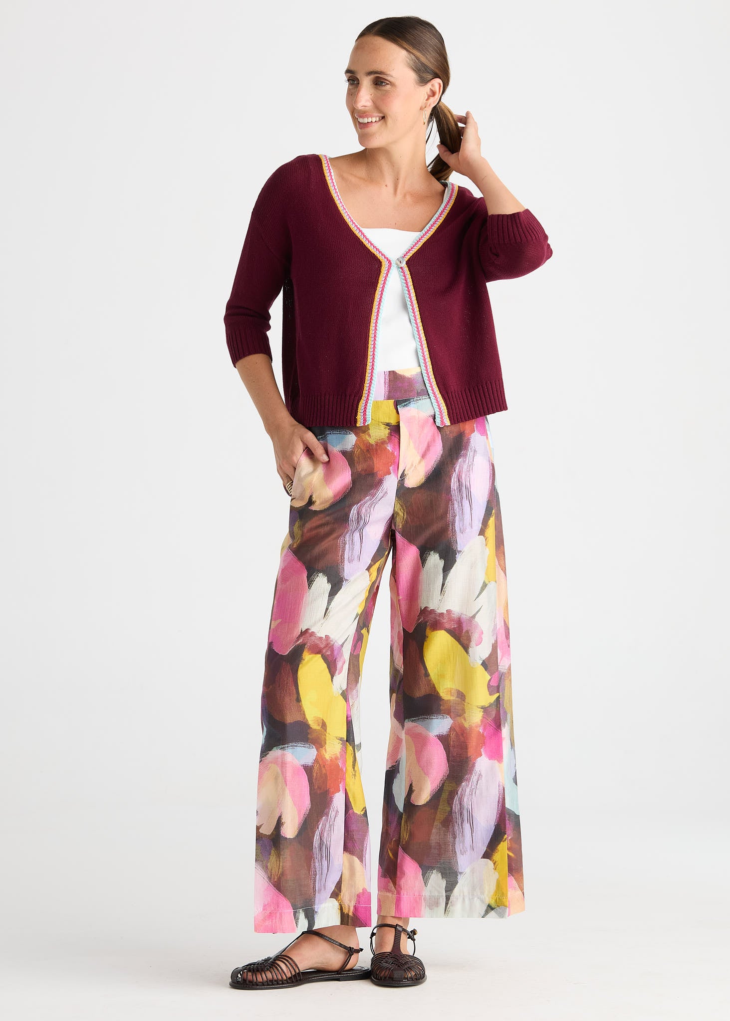Dark Ruby Knit Cardigan with Contrast Trim