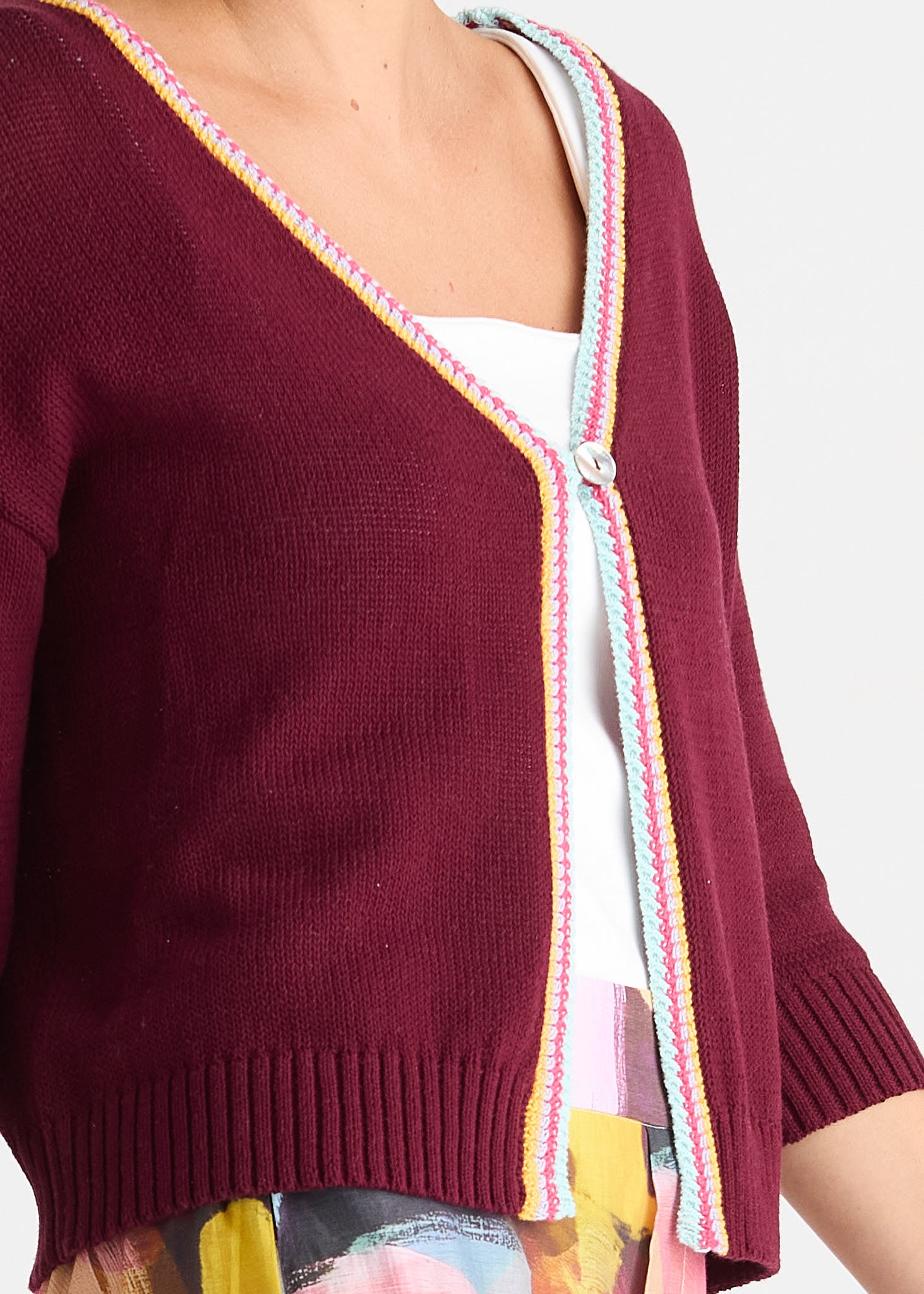 Dark Ruby Knit Cardigan with Contrast Trim