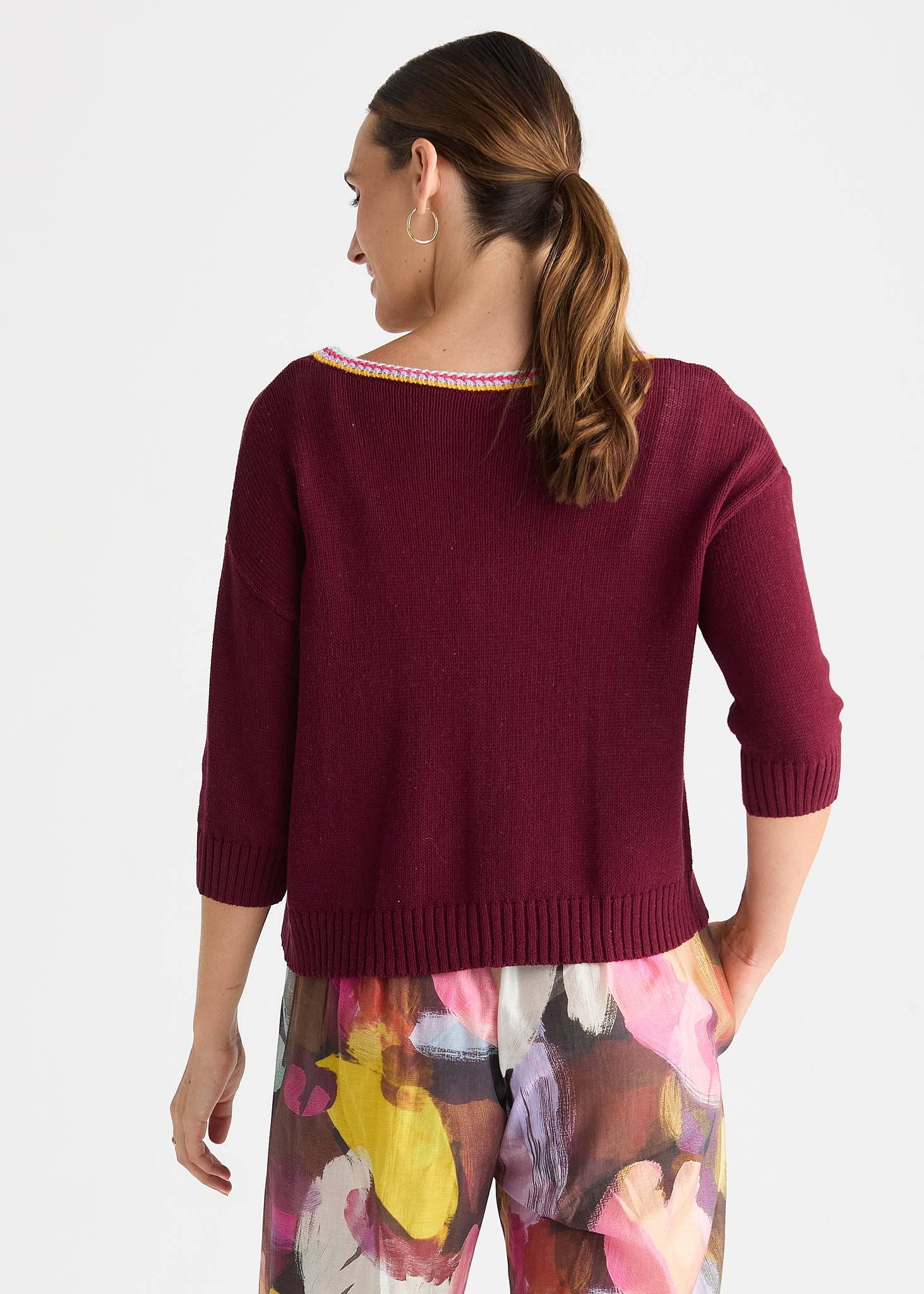 Dark Ruby Knit Cardigan with Contrast Trim
