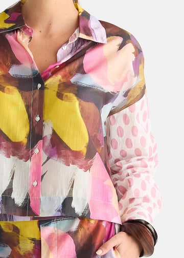 Sunset Abstract Print Cropped Shirt with Contrast Sleeves