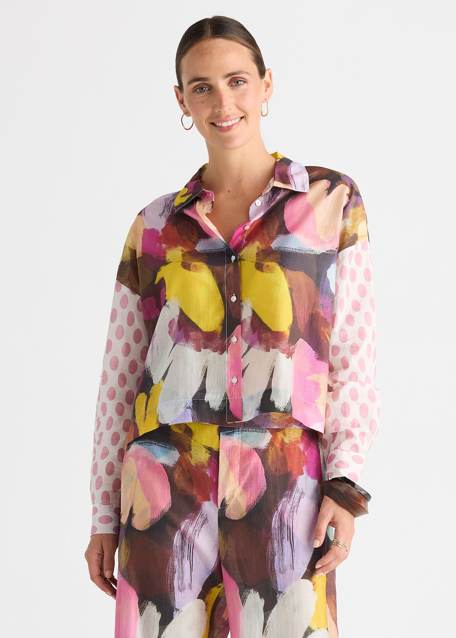 Sunset Abstract Print Cropped Shirt with Contrast Sleeves