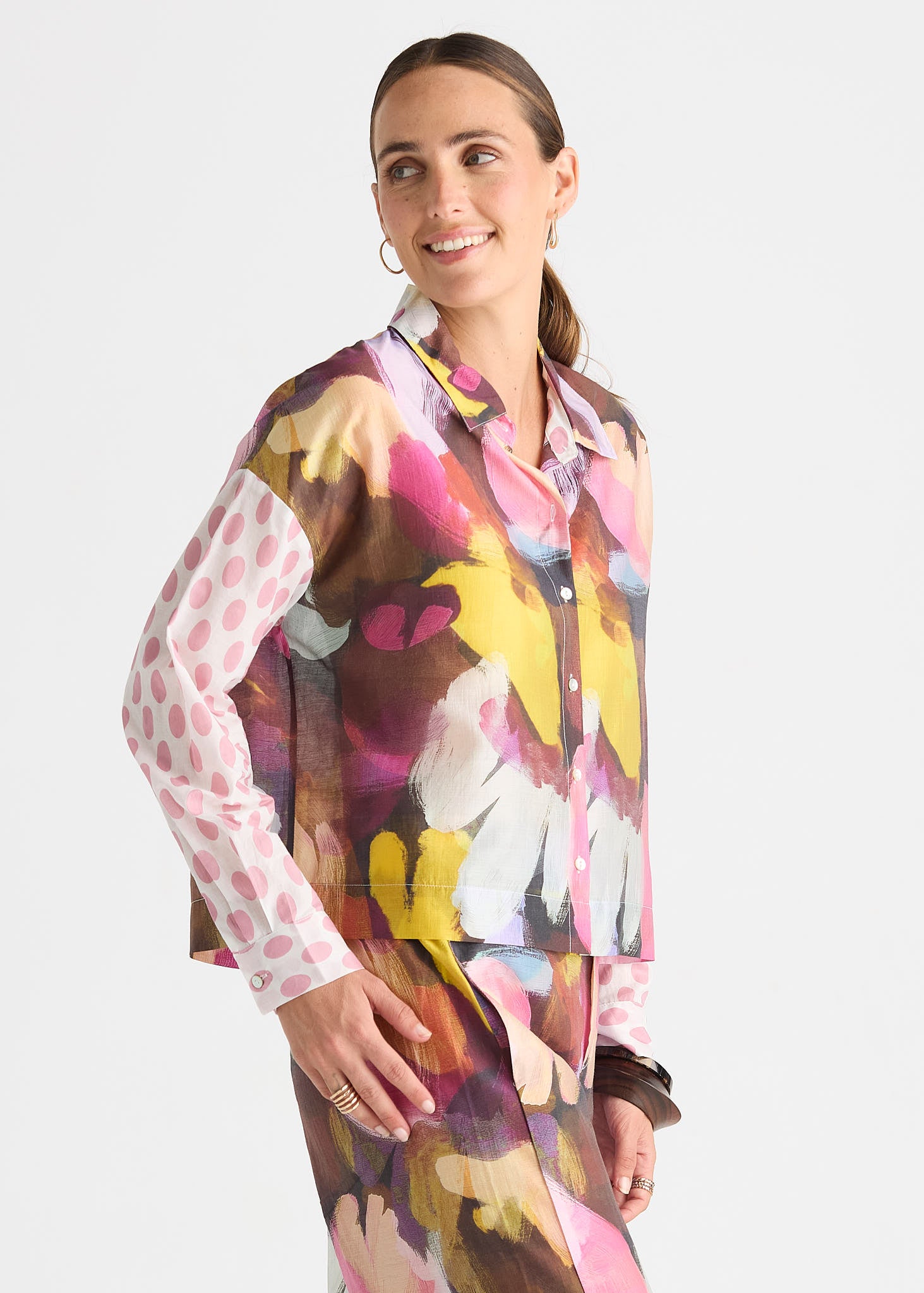 Sunset Abstract Print Cropped Shirt with Contrast Sleeves