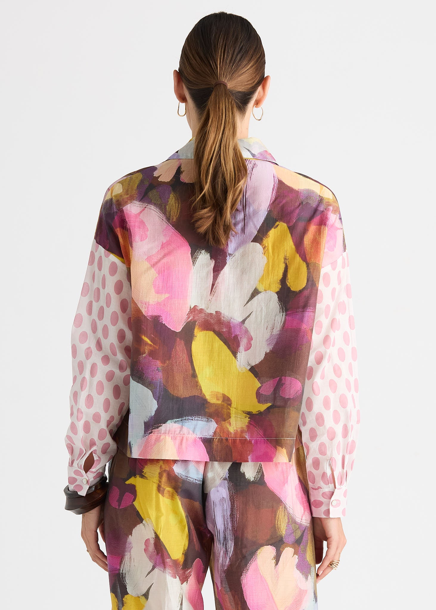 Sunset Abstract Print Cropped Shirt with Contrast Sleeves