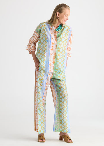 Riverside Printed Button-Up Shirt with Artistic Patchwork Design