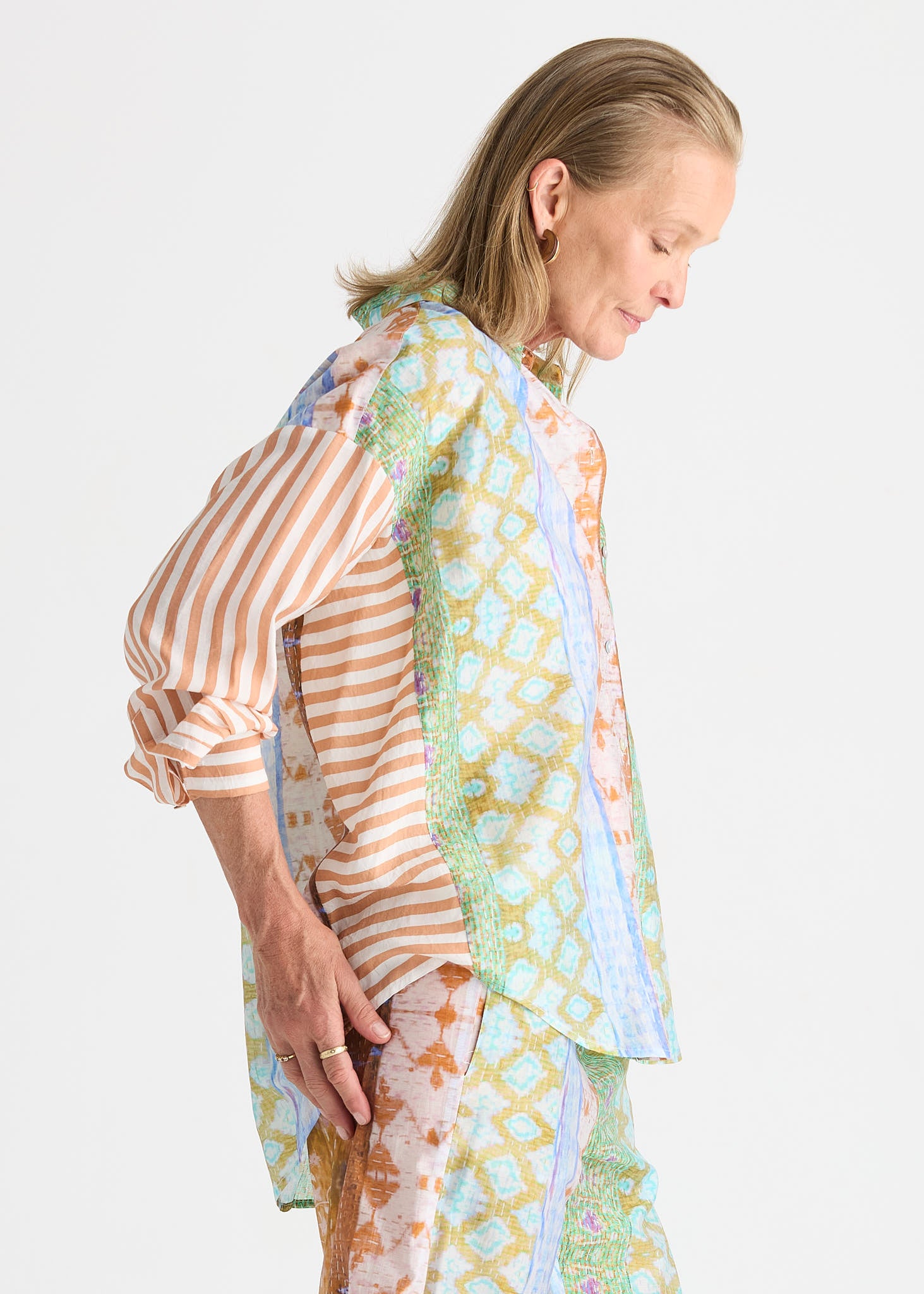Riverside Printed Button-Up Shirt with Artistic Patchwork Design
