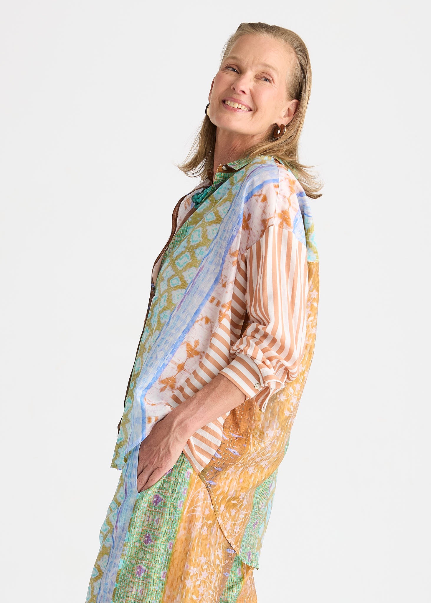 Riverside Printed Button-Up Shirt with Artistic Patchwork Design