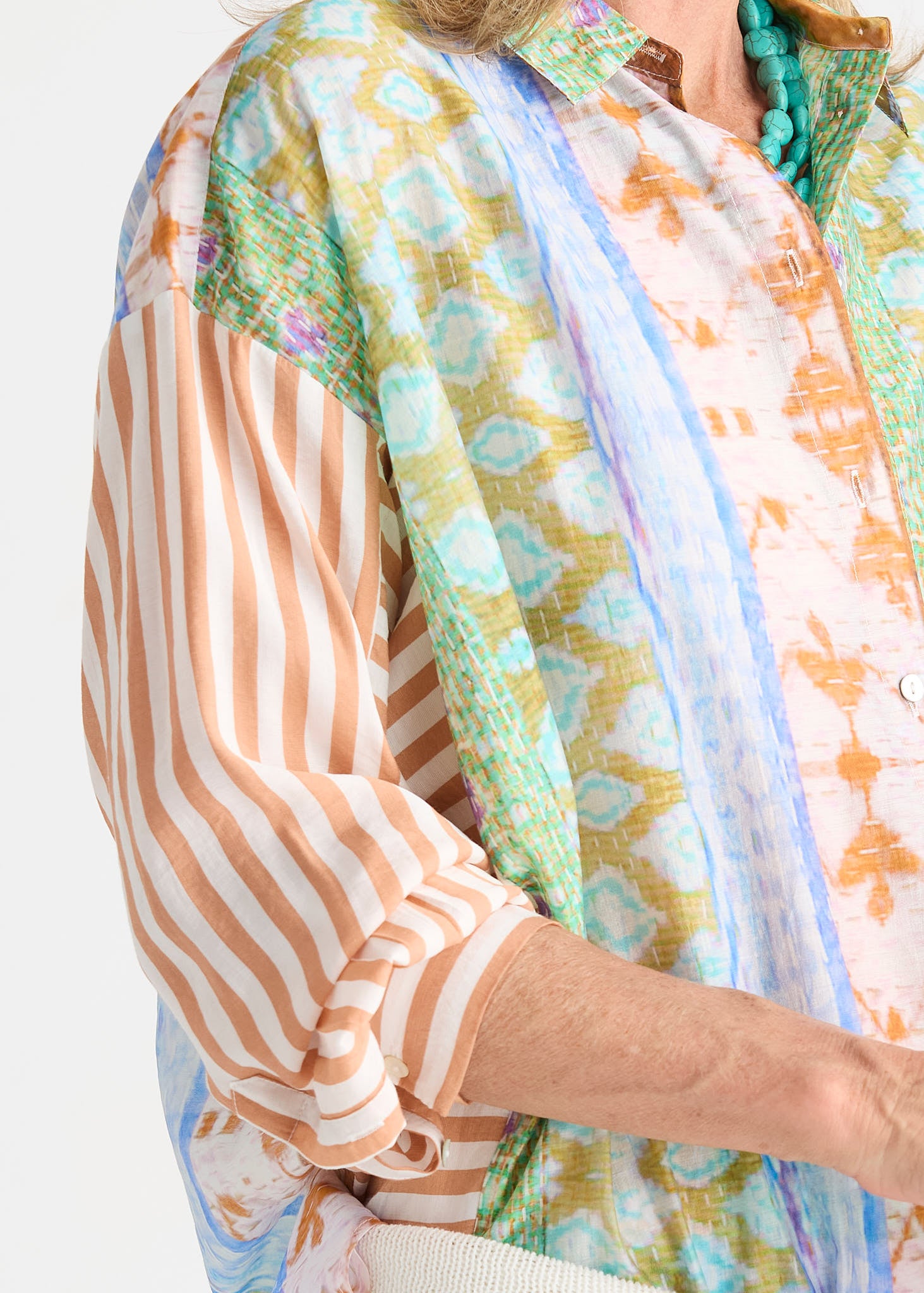 Riverside Printed Button-Up Shirt with Artistic Patchwork Design