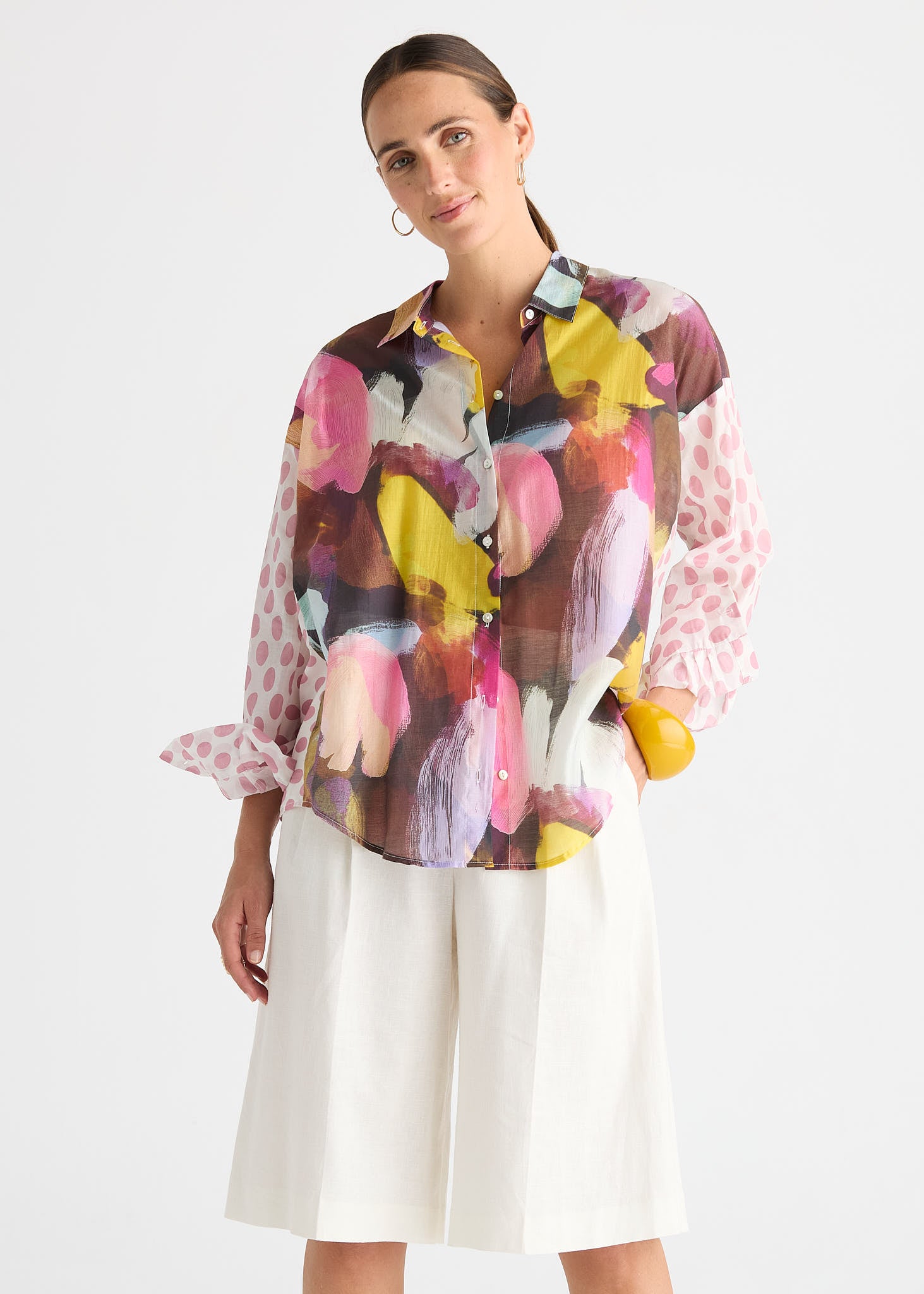 Sunset Abstract Print Shirt with Contrast Polka Dot Sleeves