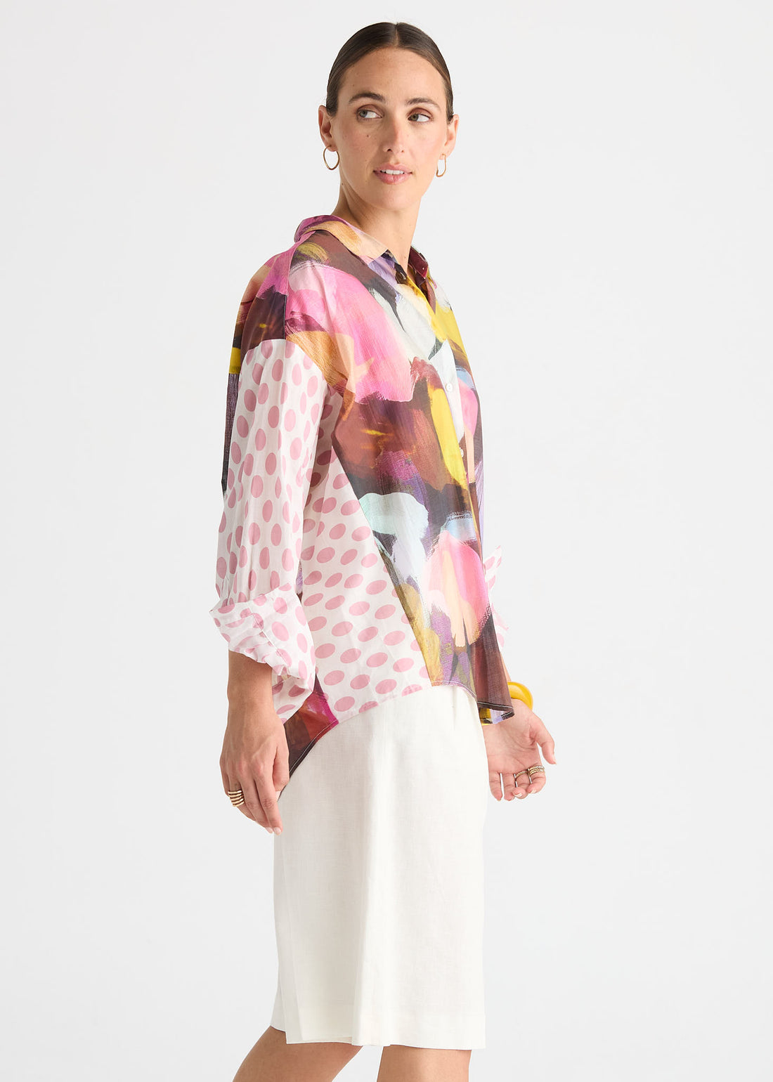 Sunset Abstract Print Shirt with Contrast Polka Dot Sleeves