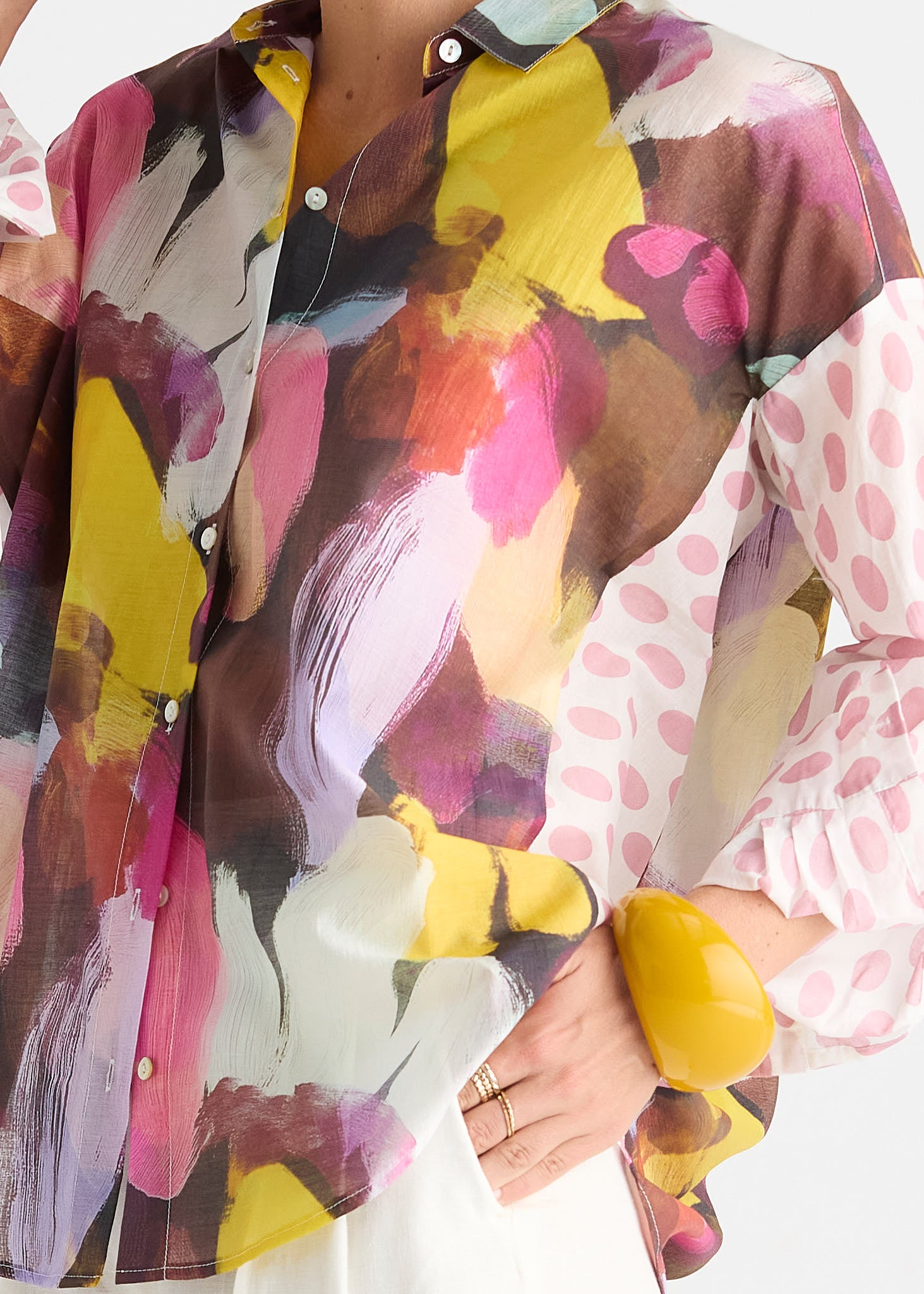Sunset Abstract Print Shirt with Contrast Polka Dot Sleeves