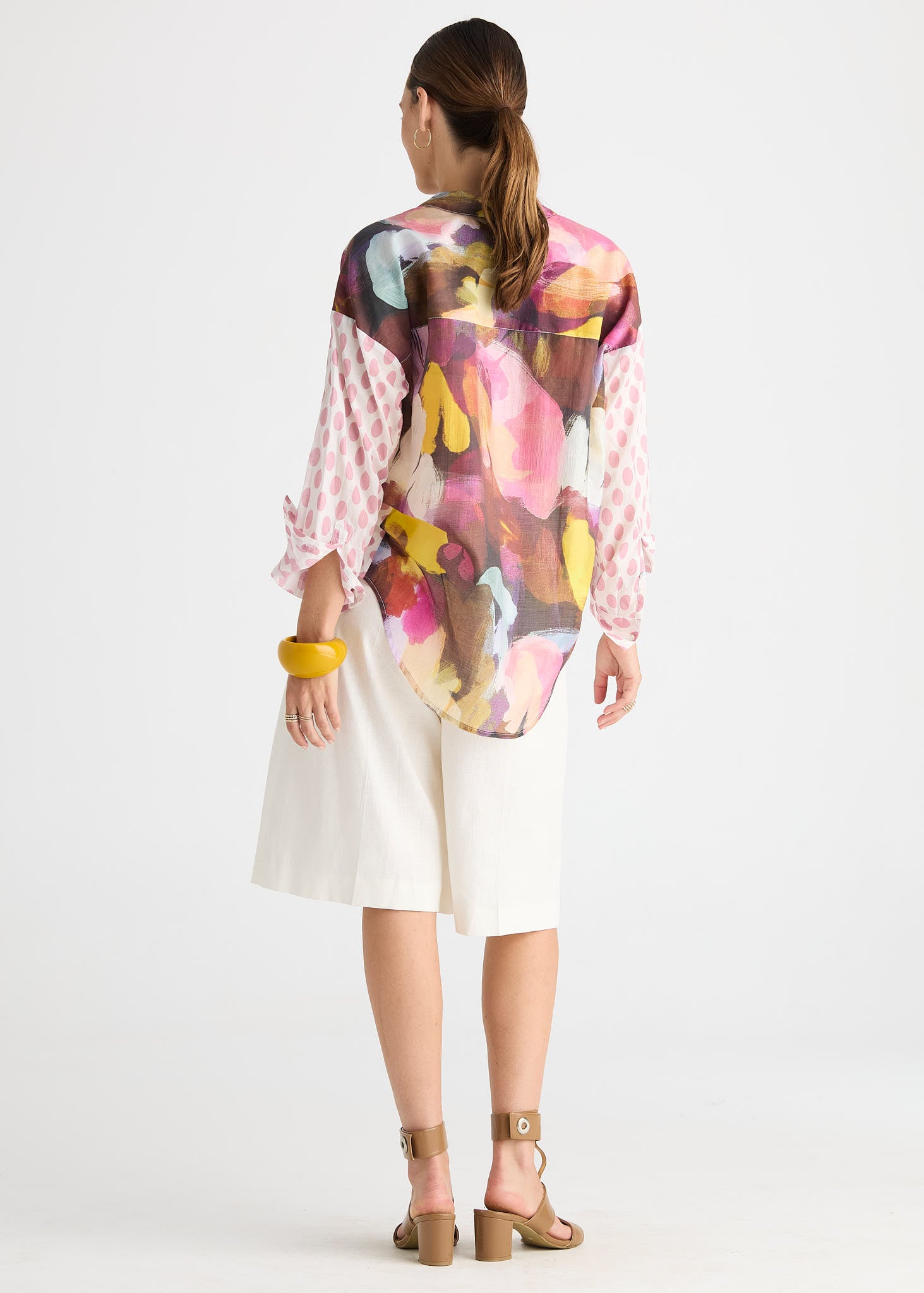 Sunset Abstract Print Shirt with Contrast Polka Dot Sleeves