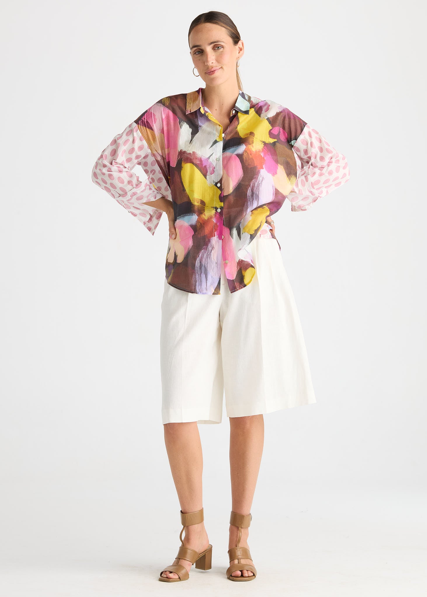 Sunset Abstract Print Shirt with Contrast Polka Dot Sleeves