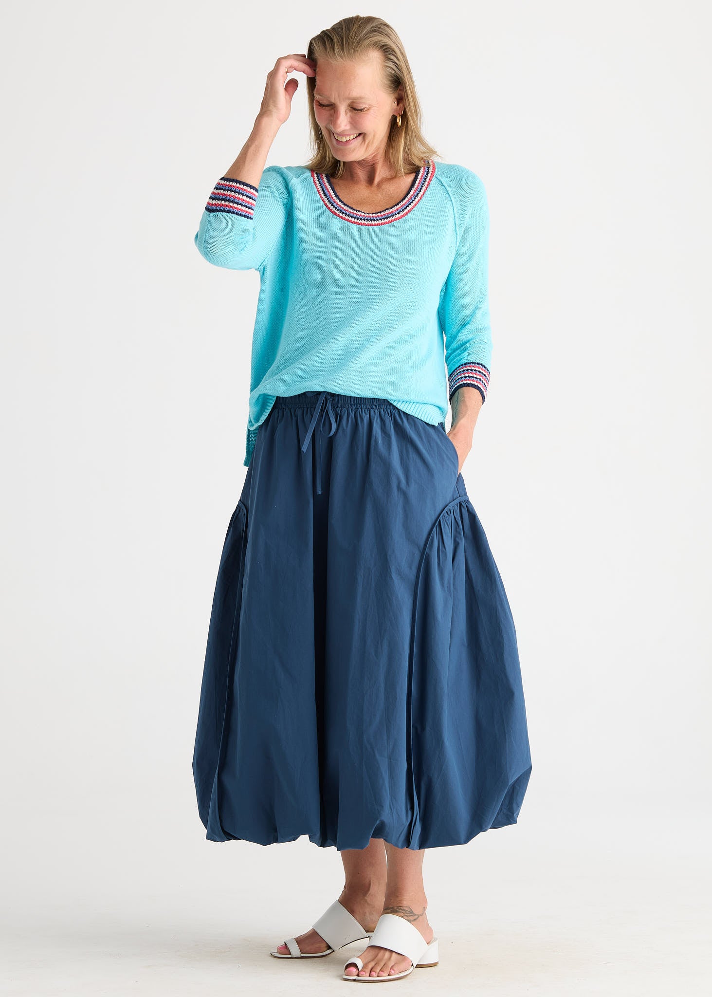 Ocean Balloon Midi Skirt with Elastic Waist