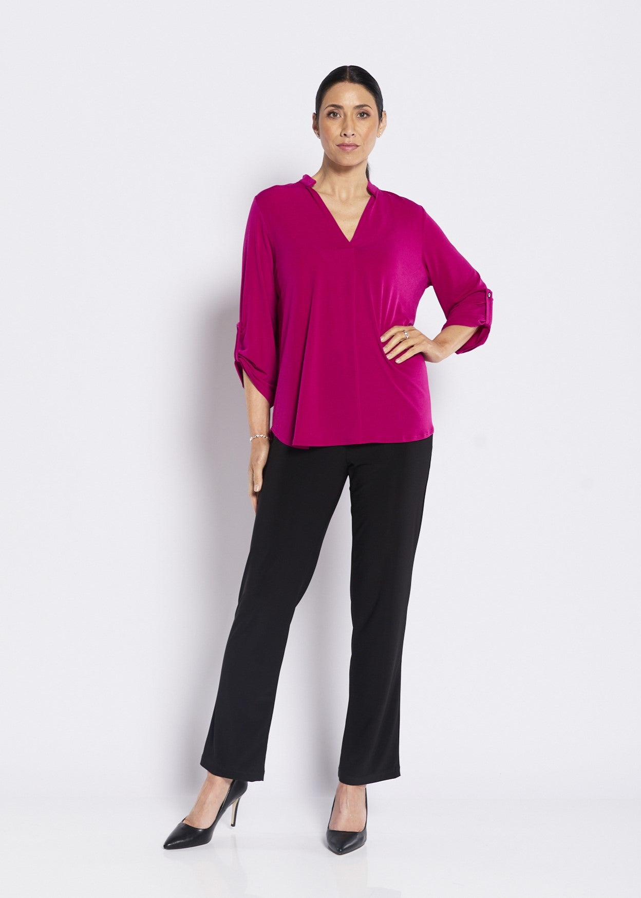 Fuchsia V-neck blouse slinky jersey relaxed women top